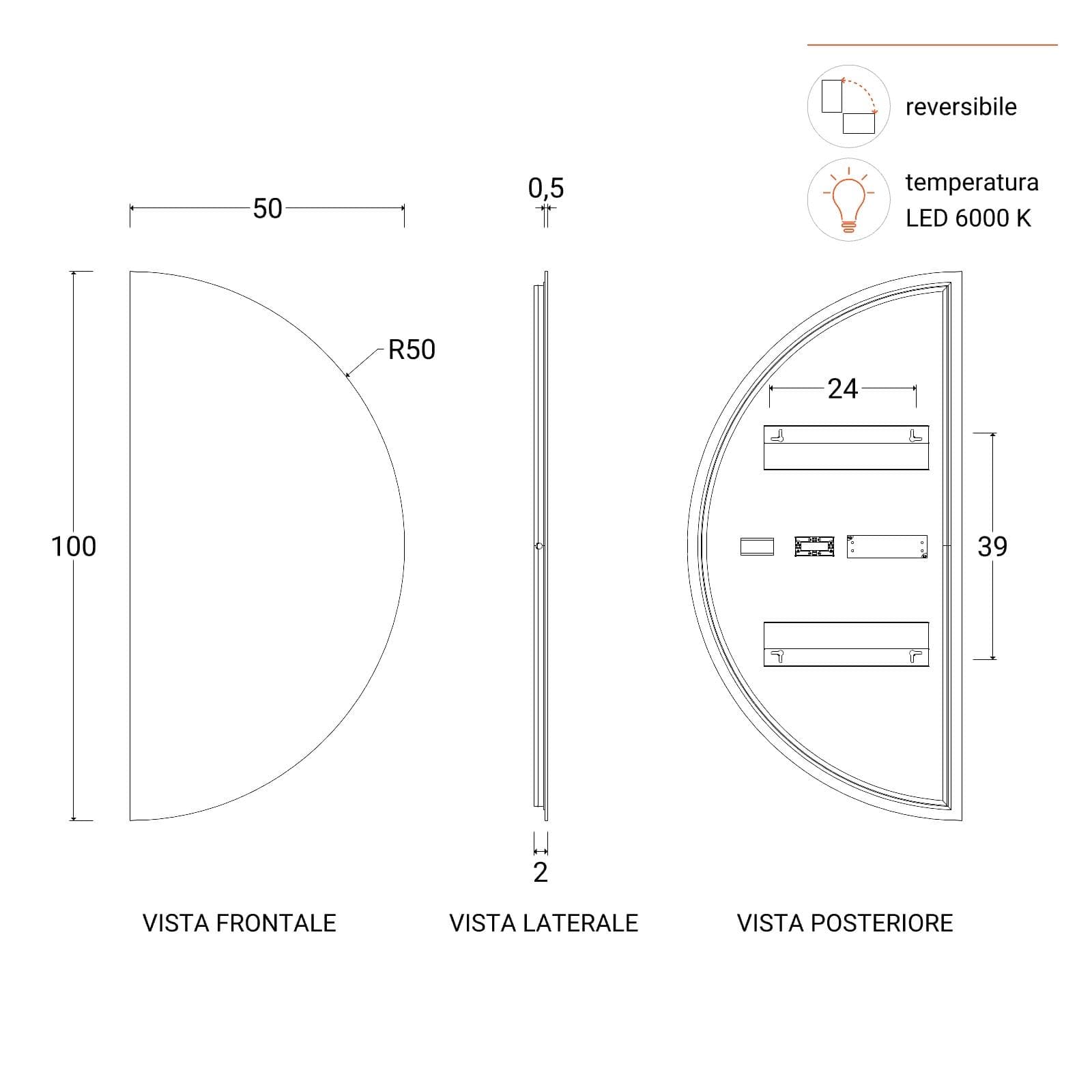 Specchio led 50x100 cm luce fredda reversibile - Half