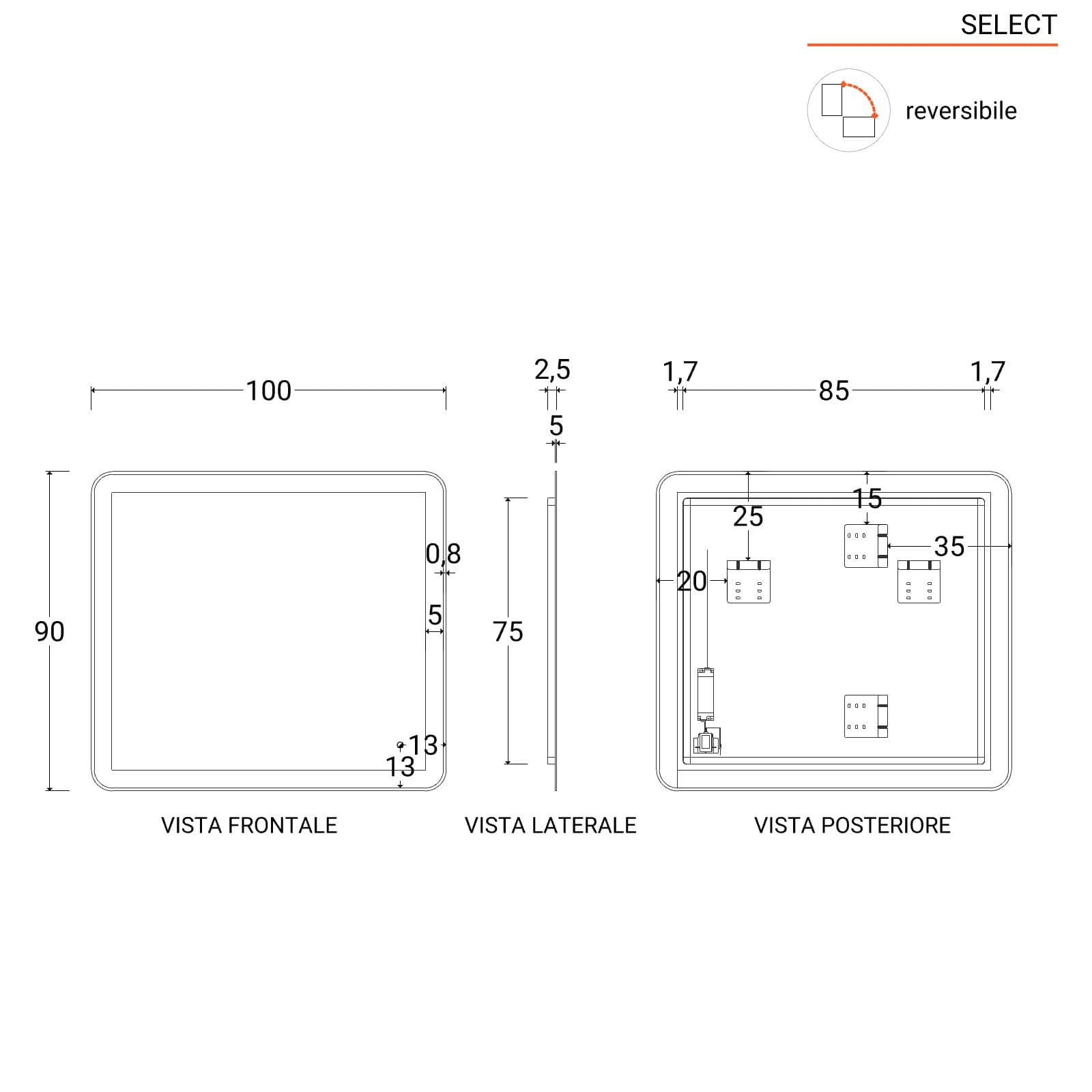 Specchio led 90x100 cm luce fredda con cornice - Select
