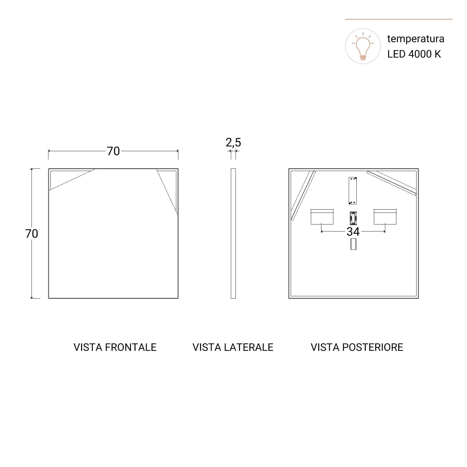 Specchio led da bagno 70x70 cm con cornice nero - Olifant