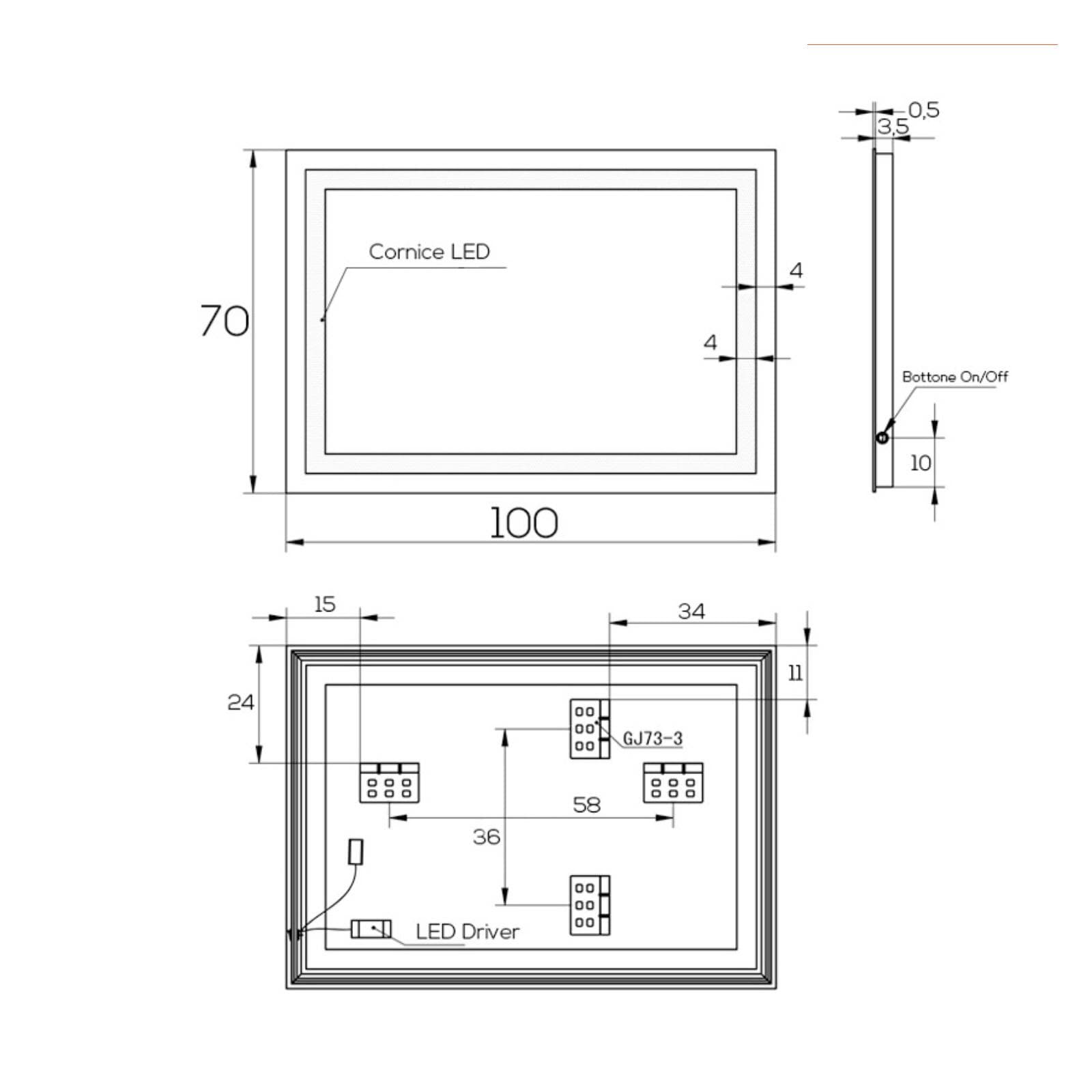 Specchio led 70x100 cm luce fredda con interruttore e reversibile - Verge