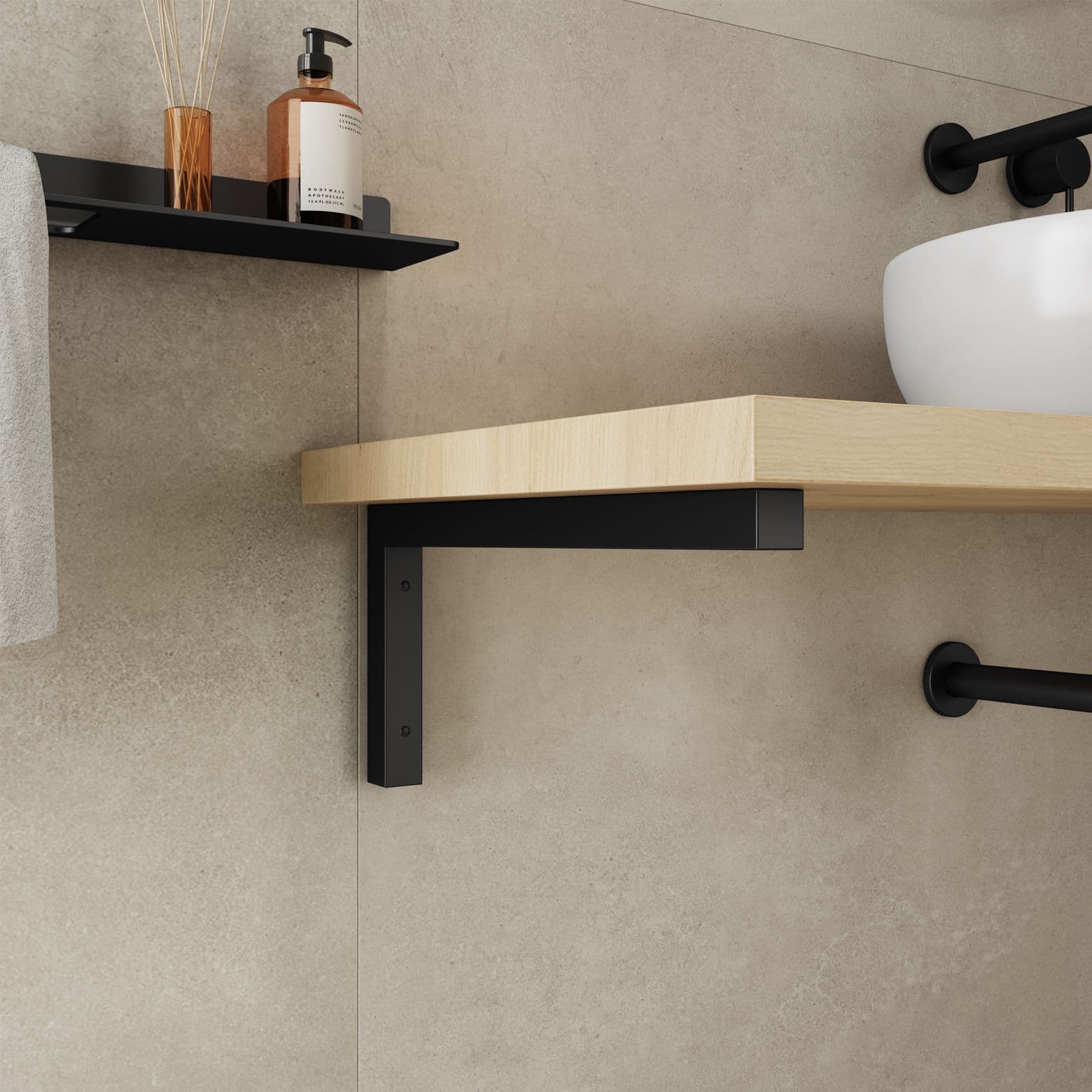 Staffa a L 44x20 h cm in metallo nero opaco per mensoloni bagno sospesi