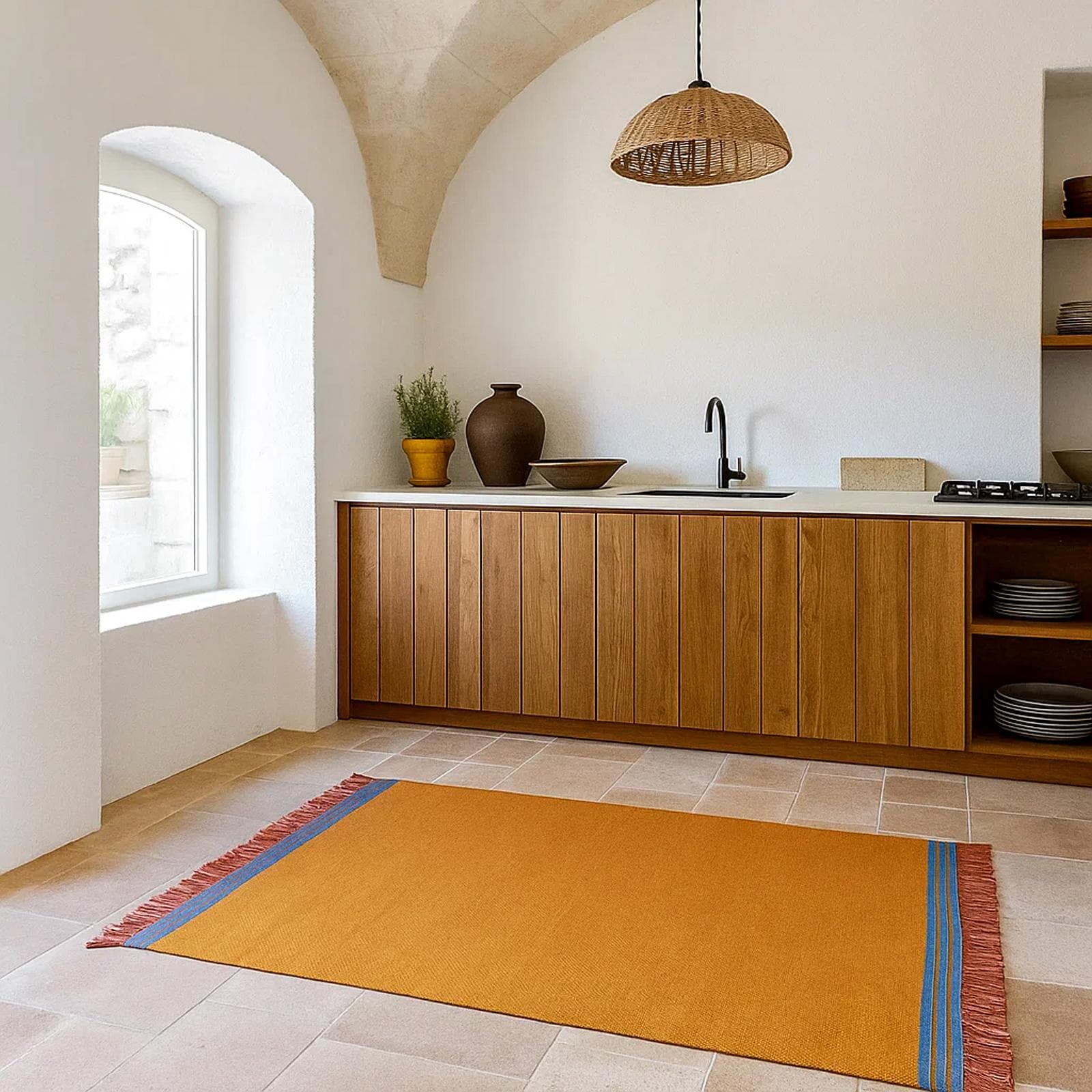 Tappeto 120x180 cm in cotone senape con frange