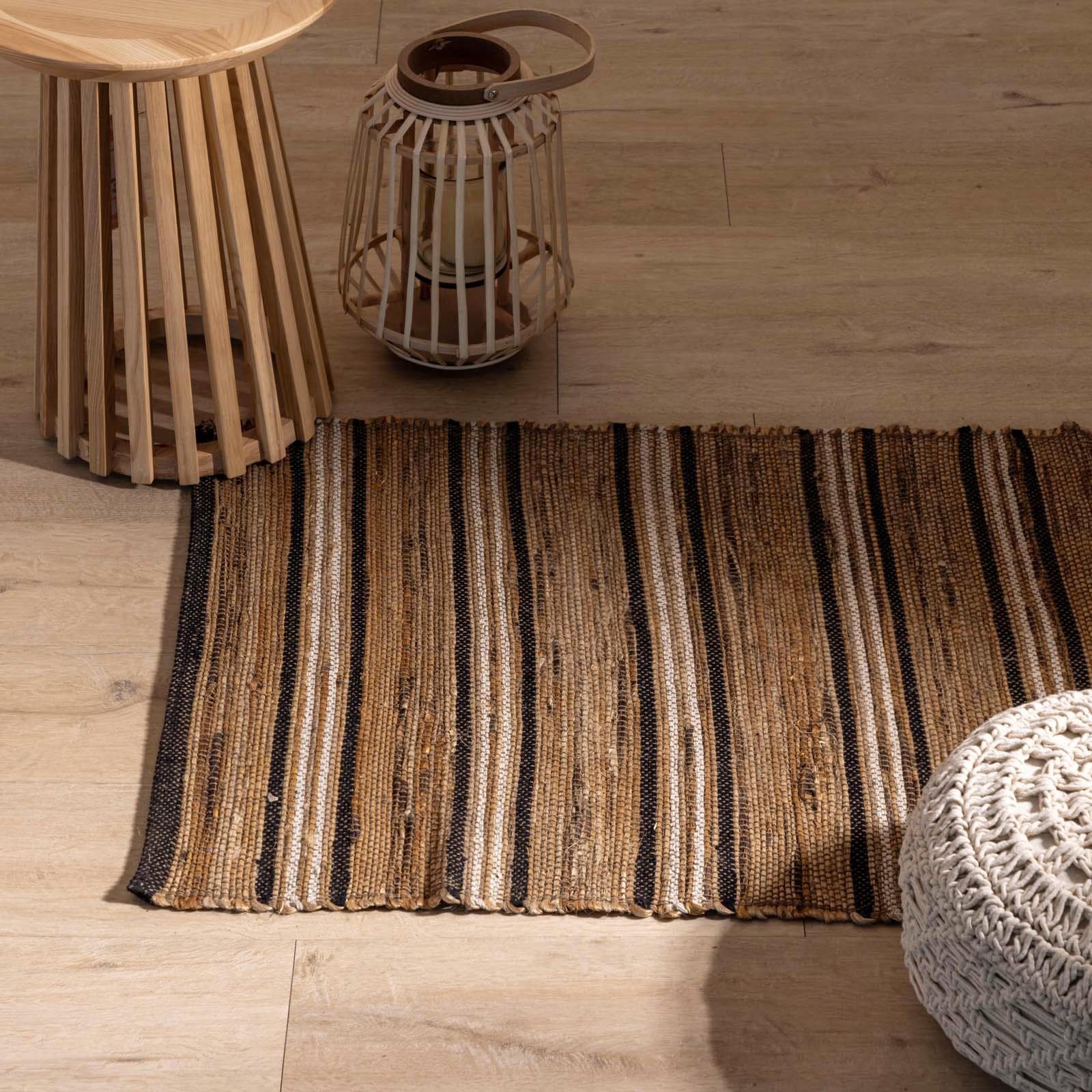 Tappeto 170x120 cm fantasia a righe in juta e cotone naturale