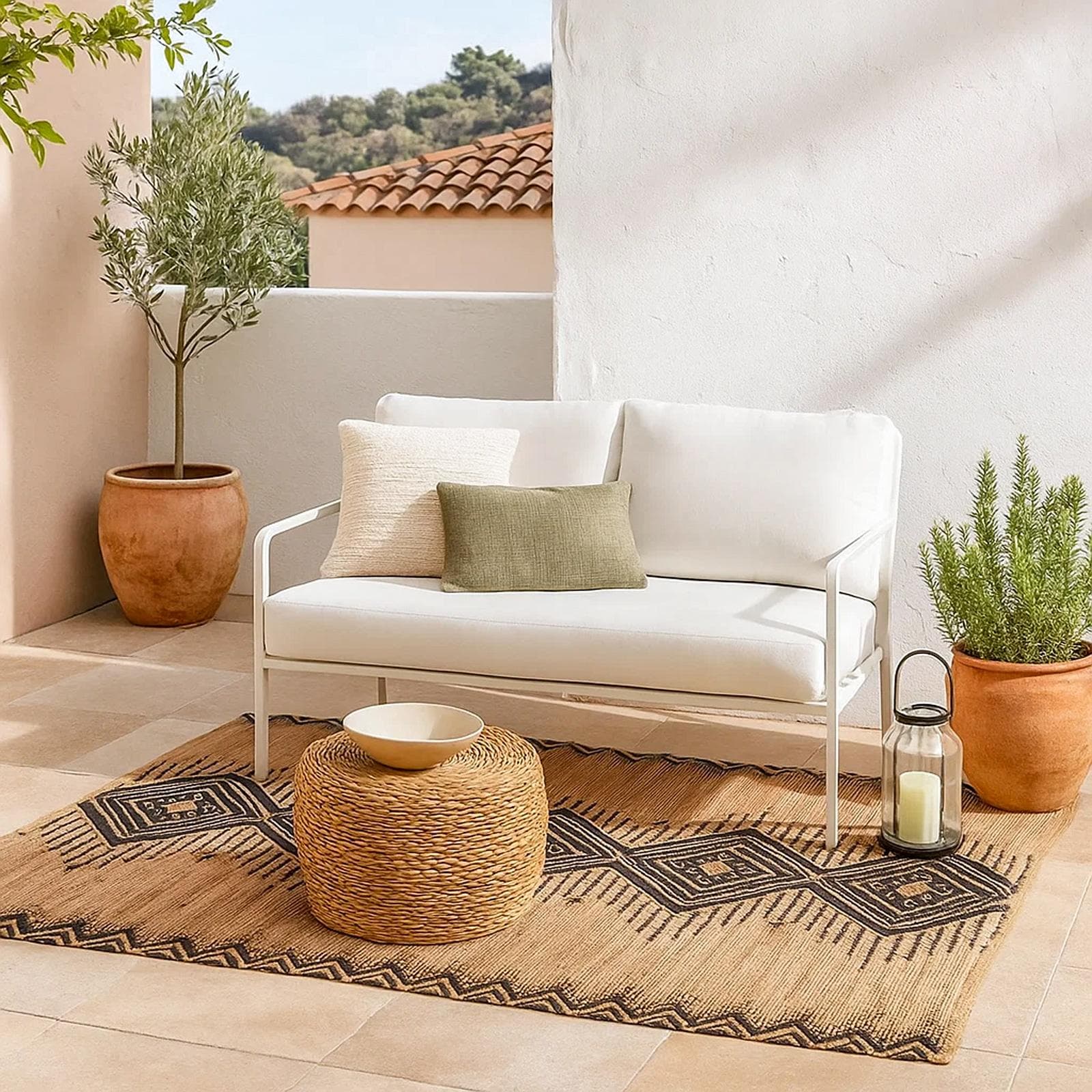 Tappeto da esterno o interno 170x120 cm in juta e cotone naturale con fantasia geometrica nera