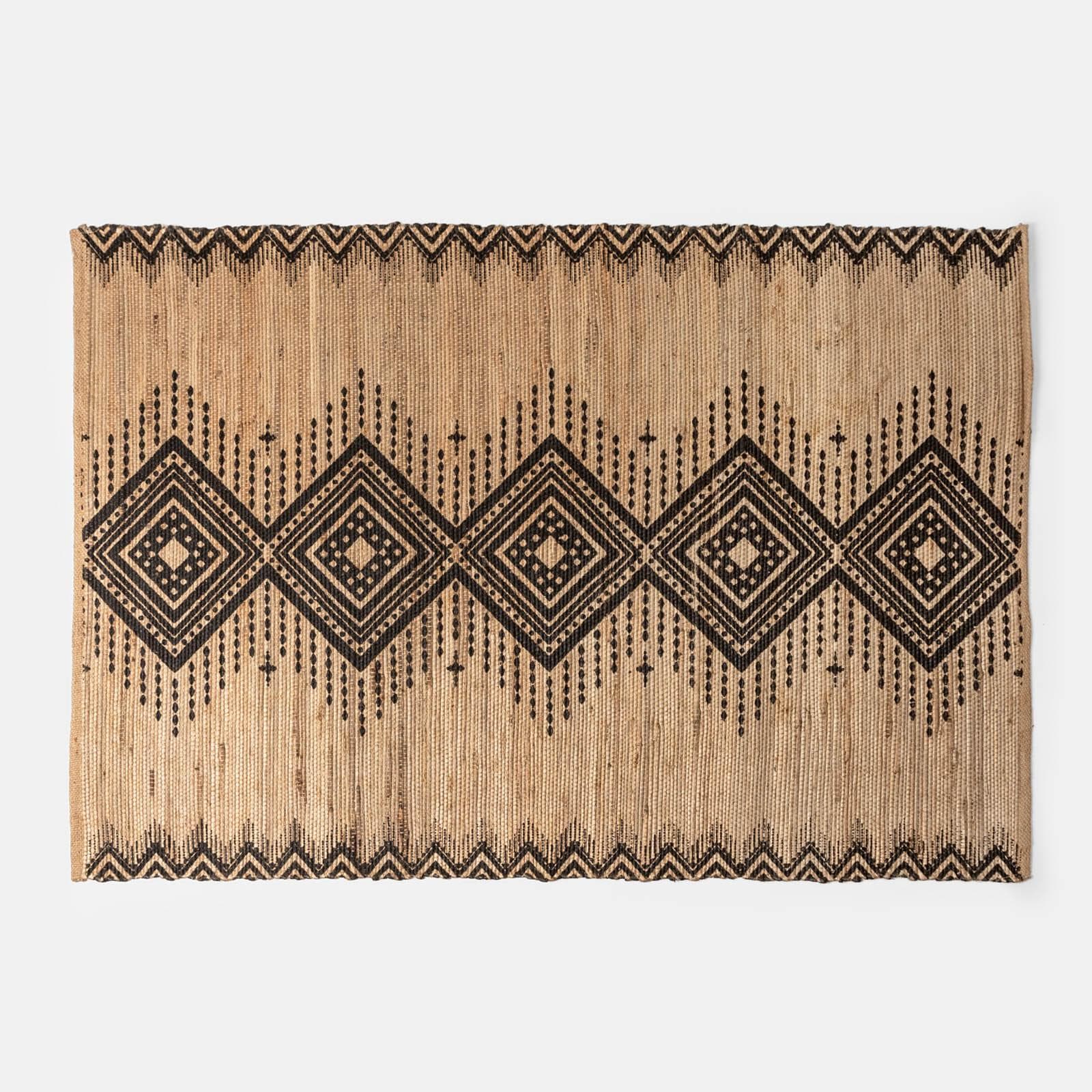 Tappeto da esterno o interno 170x120 cm in juta e cotone naturale con fantasia geometrica nera
