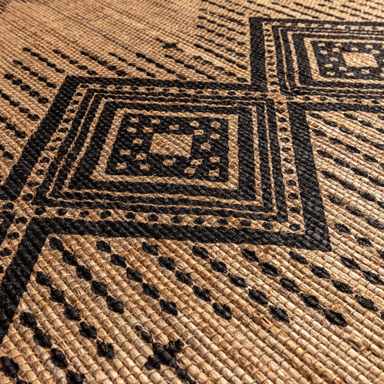 Tappeto da esterno o interno 170x120 cm in juta e cotone naturale con fantasia geometrica nera