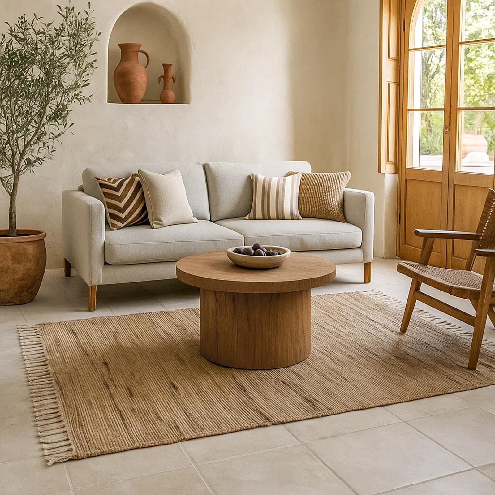 Tappeto 170x120 cm in juta e cotone naturale con frange