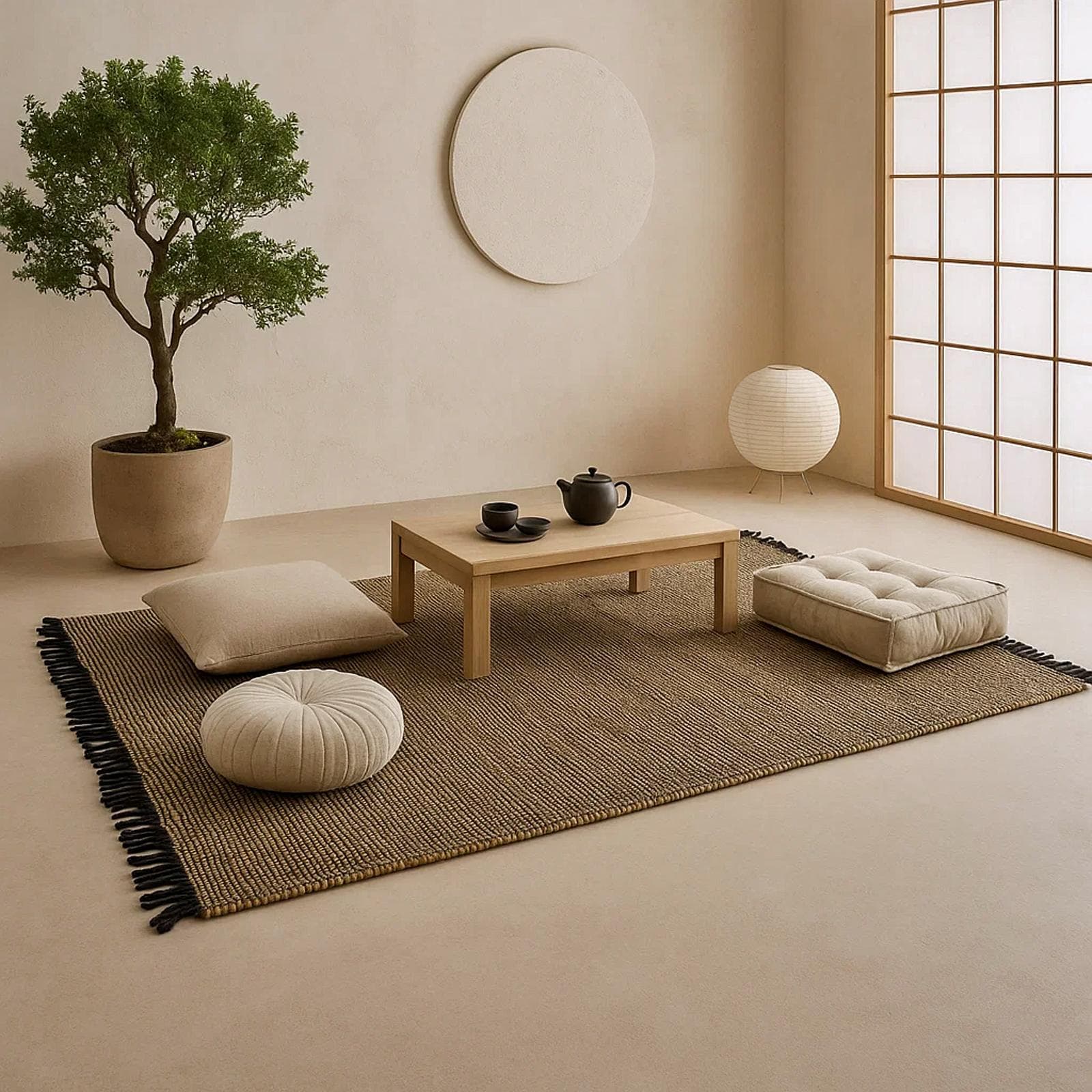 TAPPETO 170X120 CM JUTA E COTONE NERO E BEIGE C/ FRANGE - INTERNO