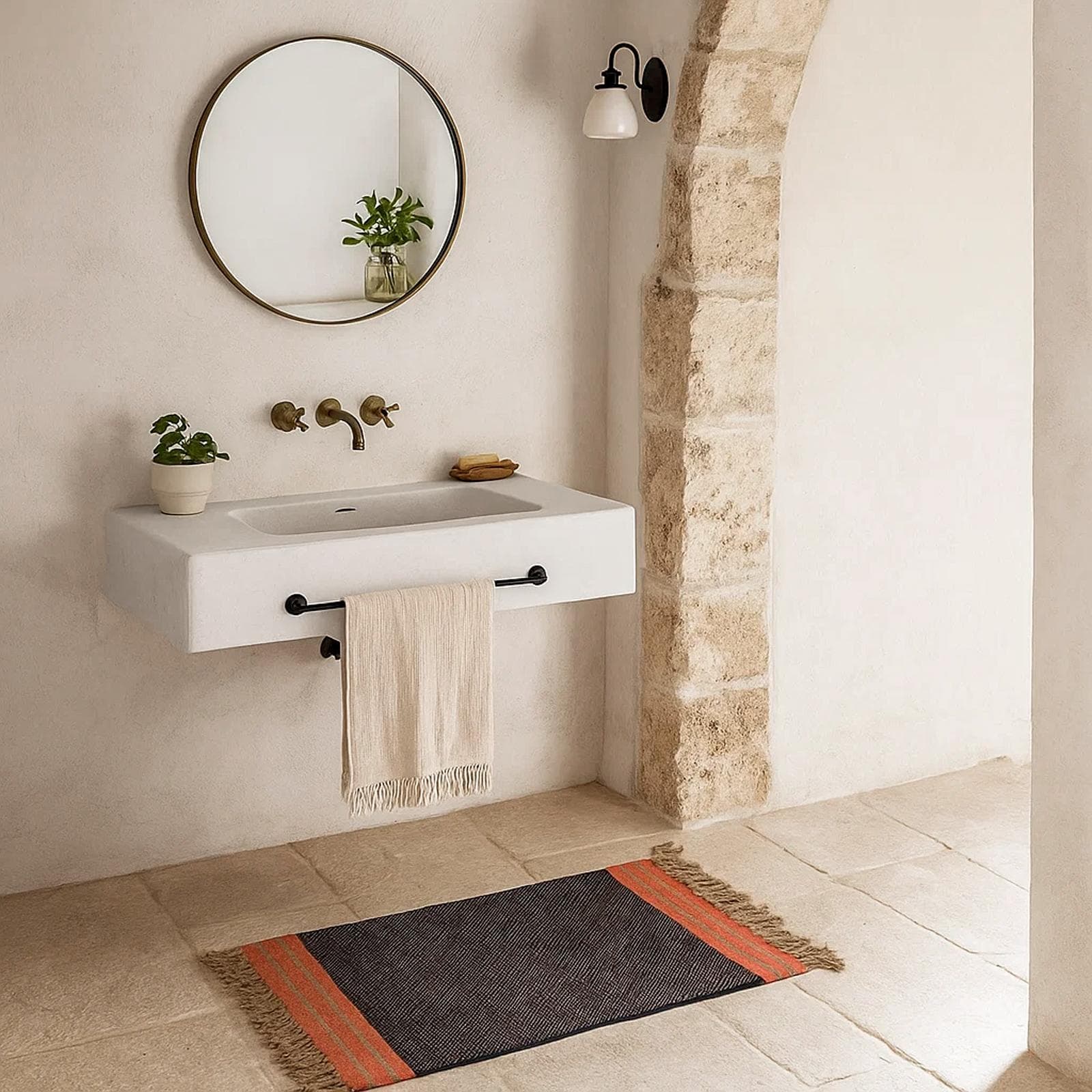 Tappeto 60x90 cm in cotone blu scuro e arancione con frange