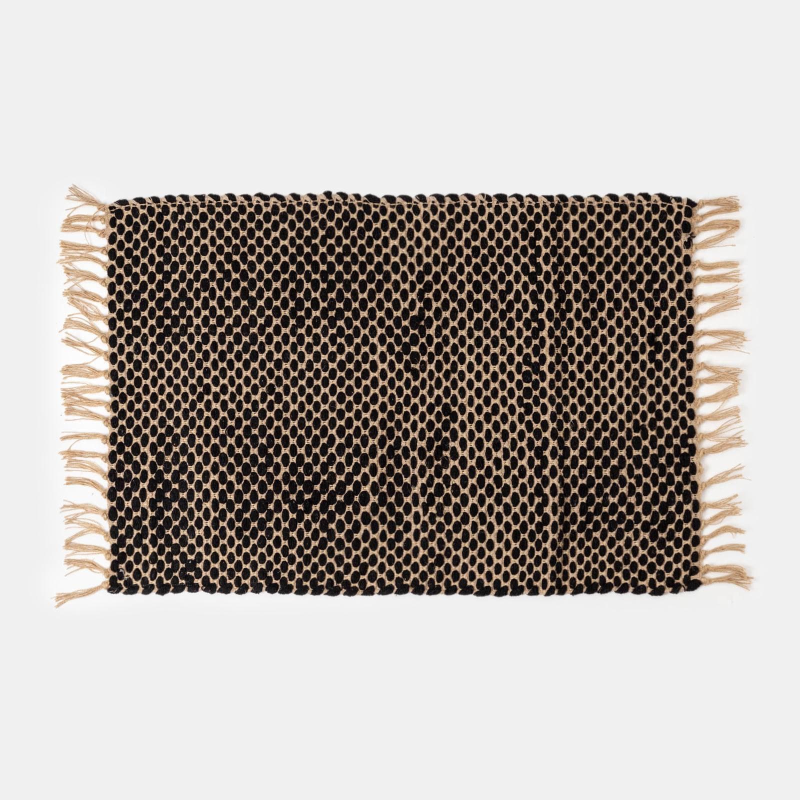Tappeto 60x90 cm in cotone e juta naturale e nero con frange