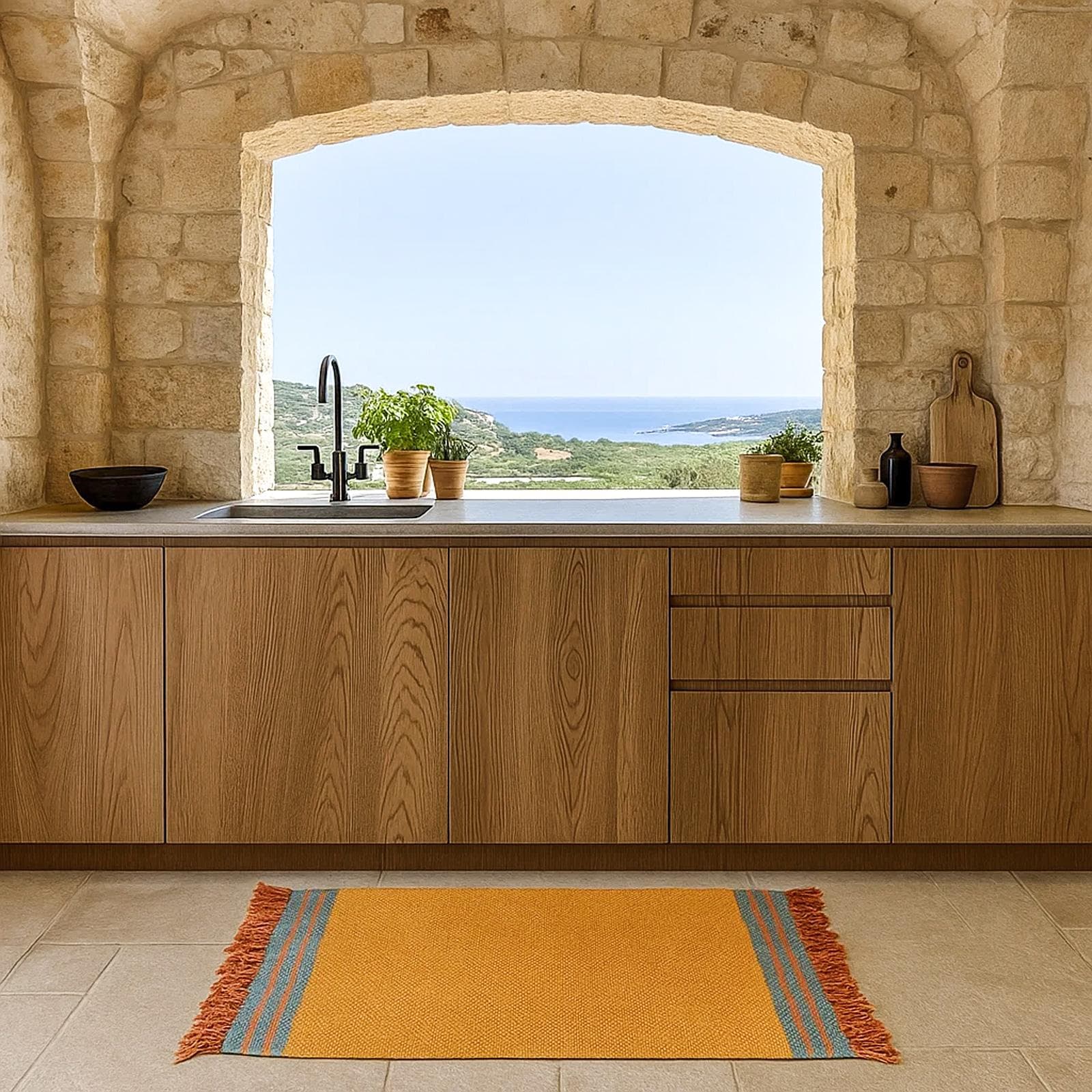 Tappeto 60x90 cm in cotone senape con frange