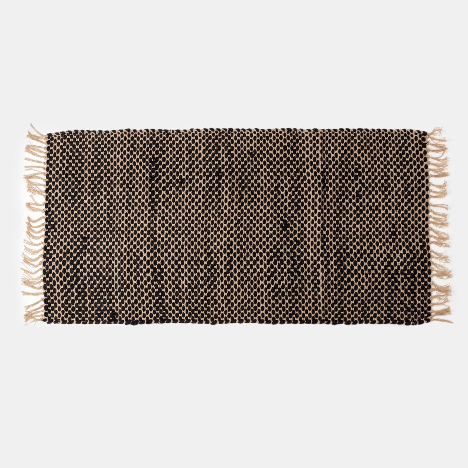 Tappeto 70x140 cm in cotone e juta naturale nero con frange