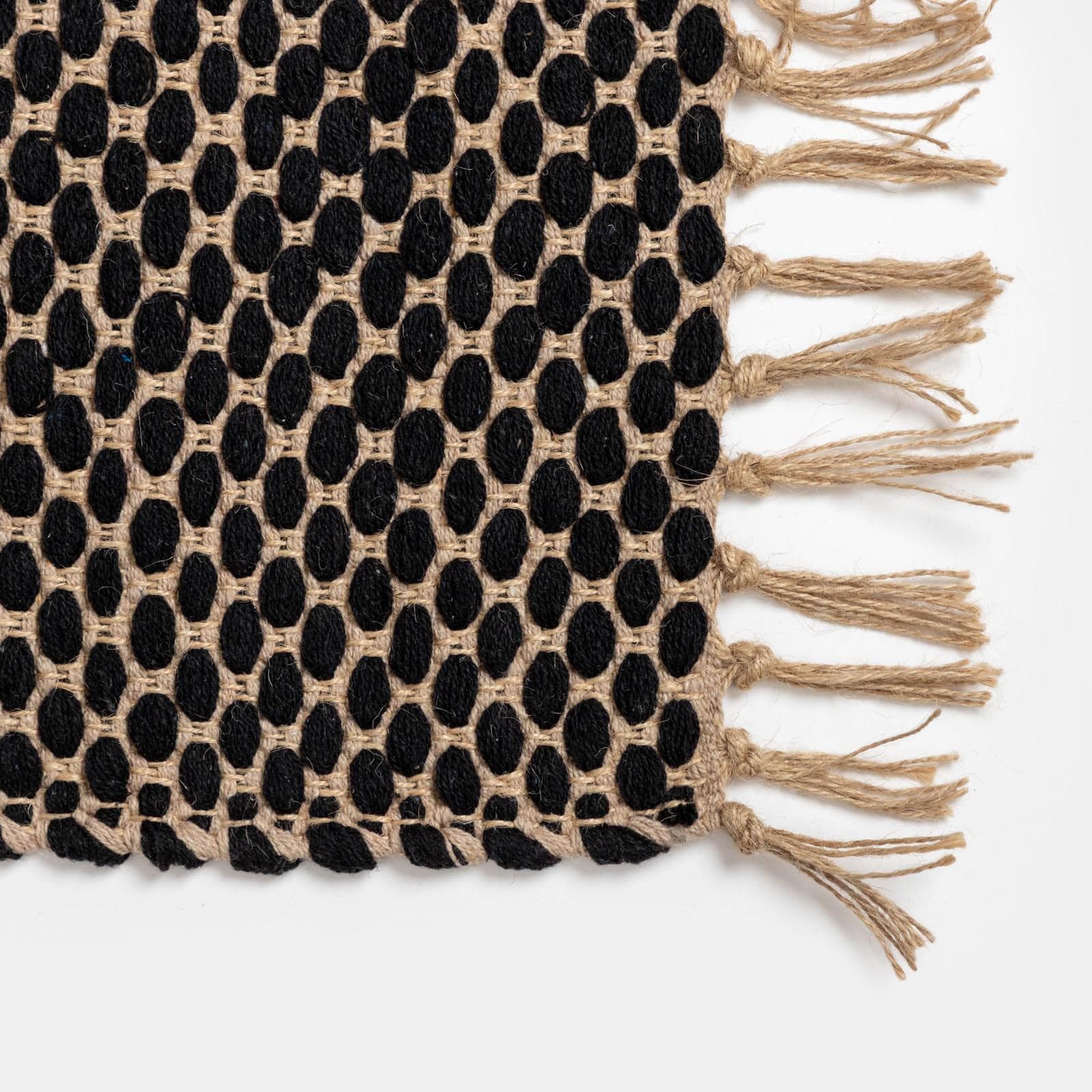 Tappeto 70x140 cm in cotone e juta naturale nero con frange
