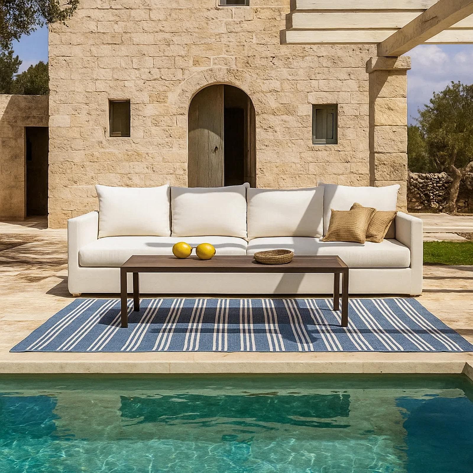 Tappeto da esterno 300x200 cm con fantasia blu e bianca