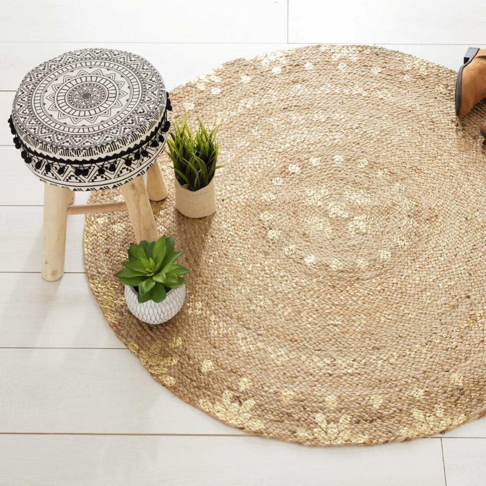 Tappeto da interno rotondo 115 cm in juta naturale e fiori oro