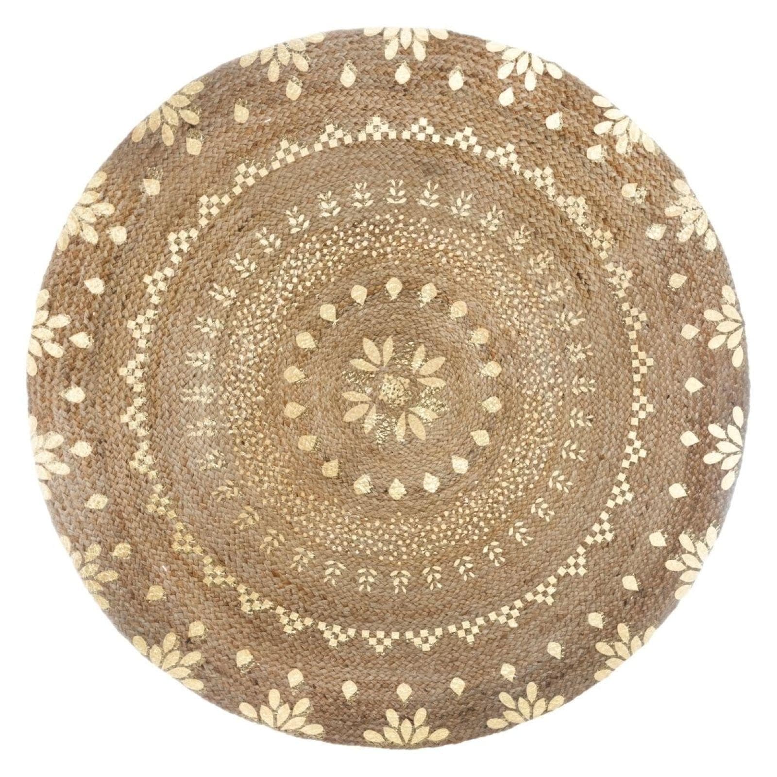 Tappeto da interno rotondo 115 cm in juta naturale e fiori oro