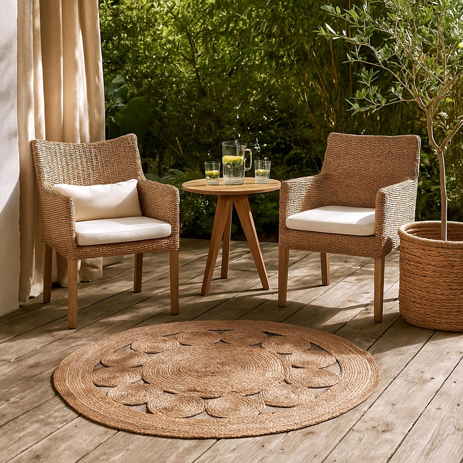 Tappeto da esterno o interno rotondo 120 cm in juta intrecciata con fiore beige