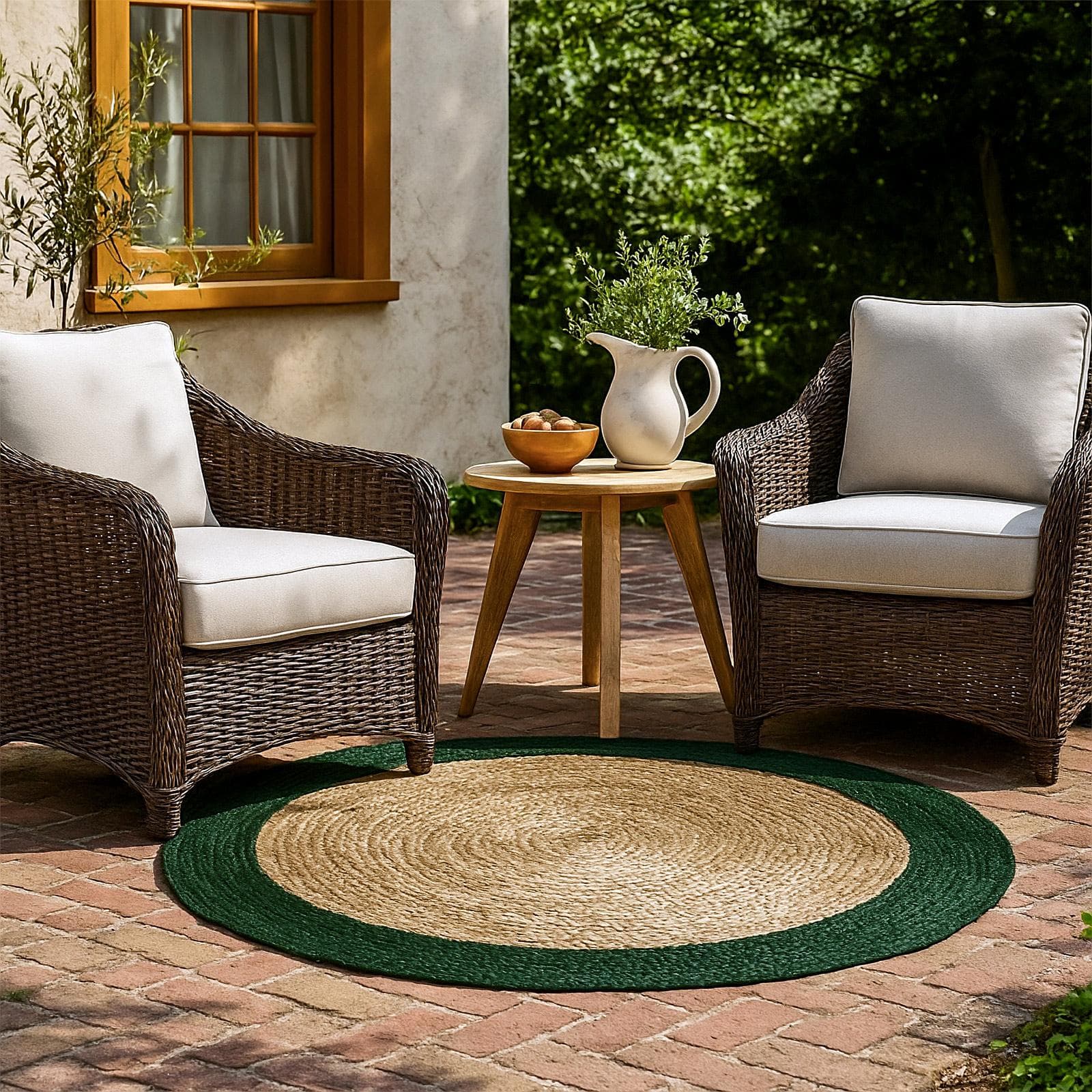 Tappeto da esterno o interno rotondo 150 cm in juta naturale con bordo verde