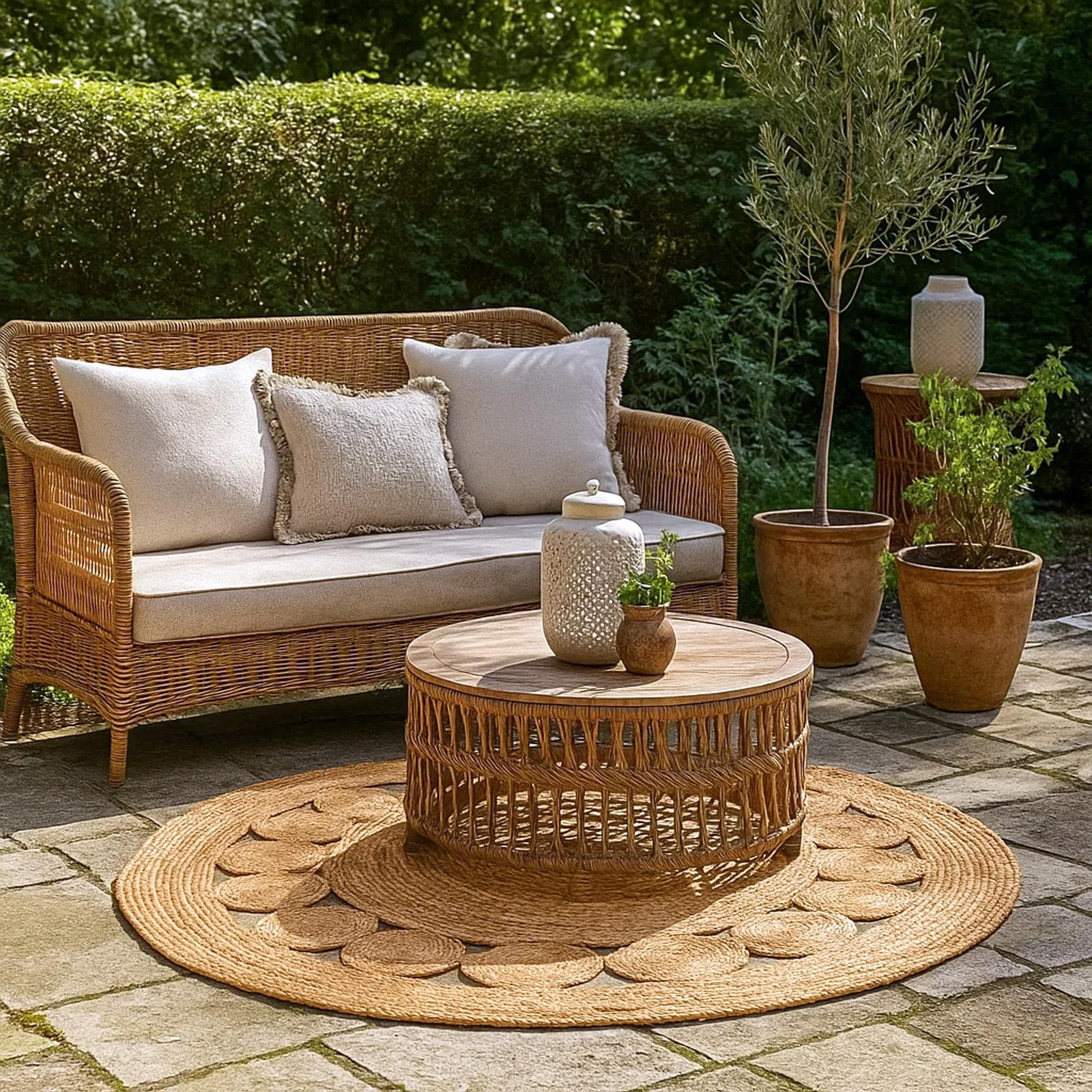 Tappeto da esterno o interno rotondo 150 cm boho in juta naturale intrecciata