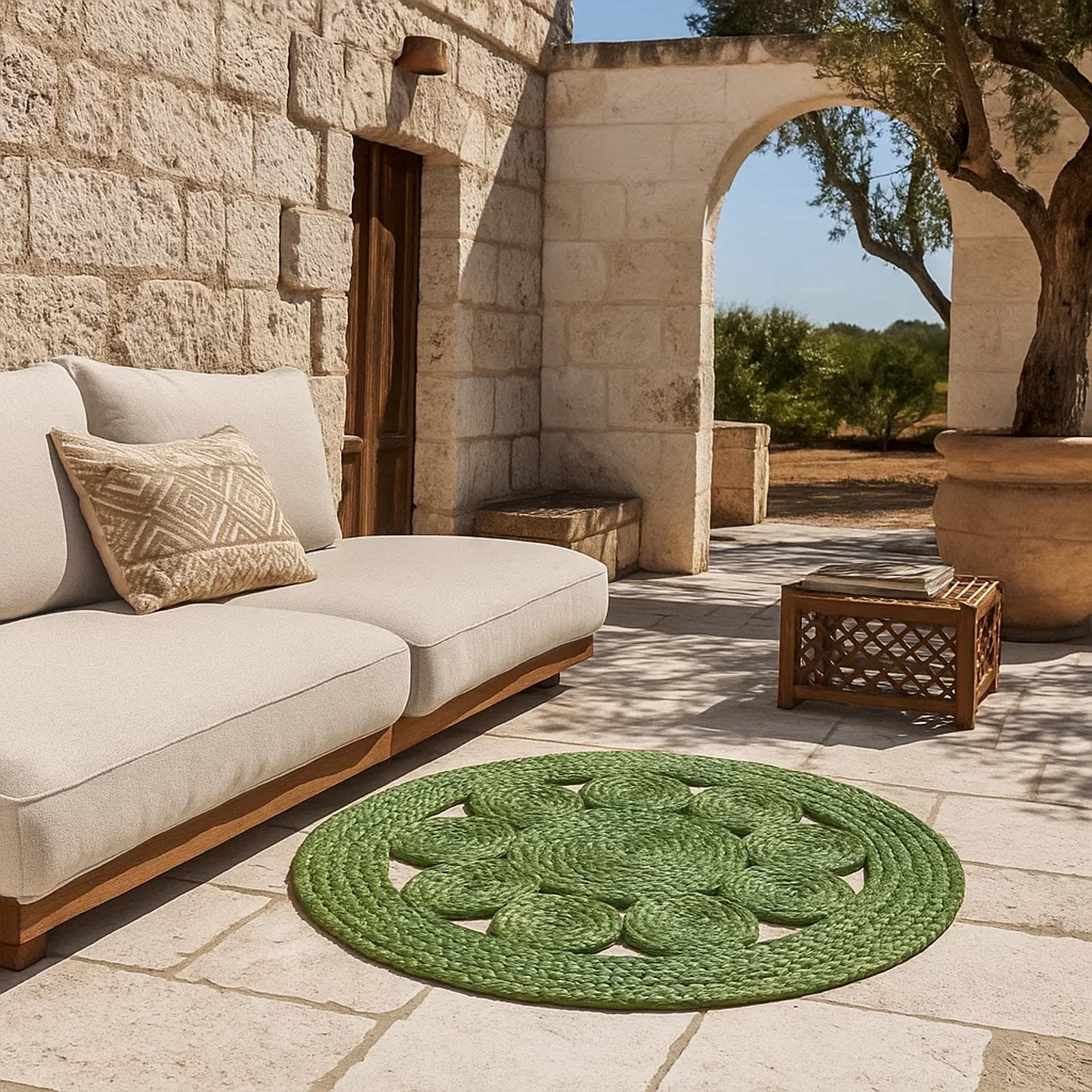 Tappeto da esterno o interno rotondo 120 cm con fiore in juta verde