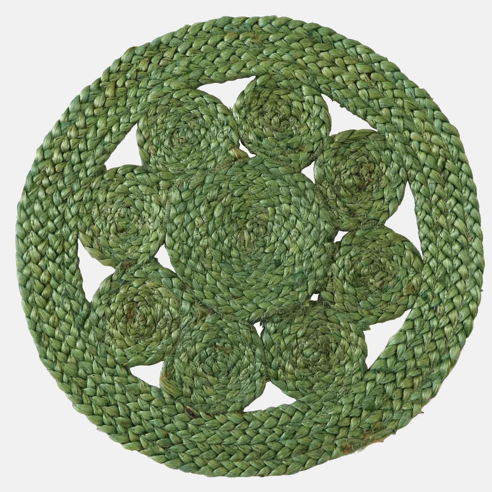 Tappeto da esterno o interno rotondo 120 cm con fiore in juta verde