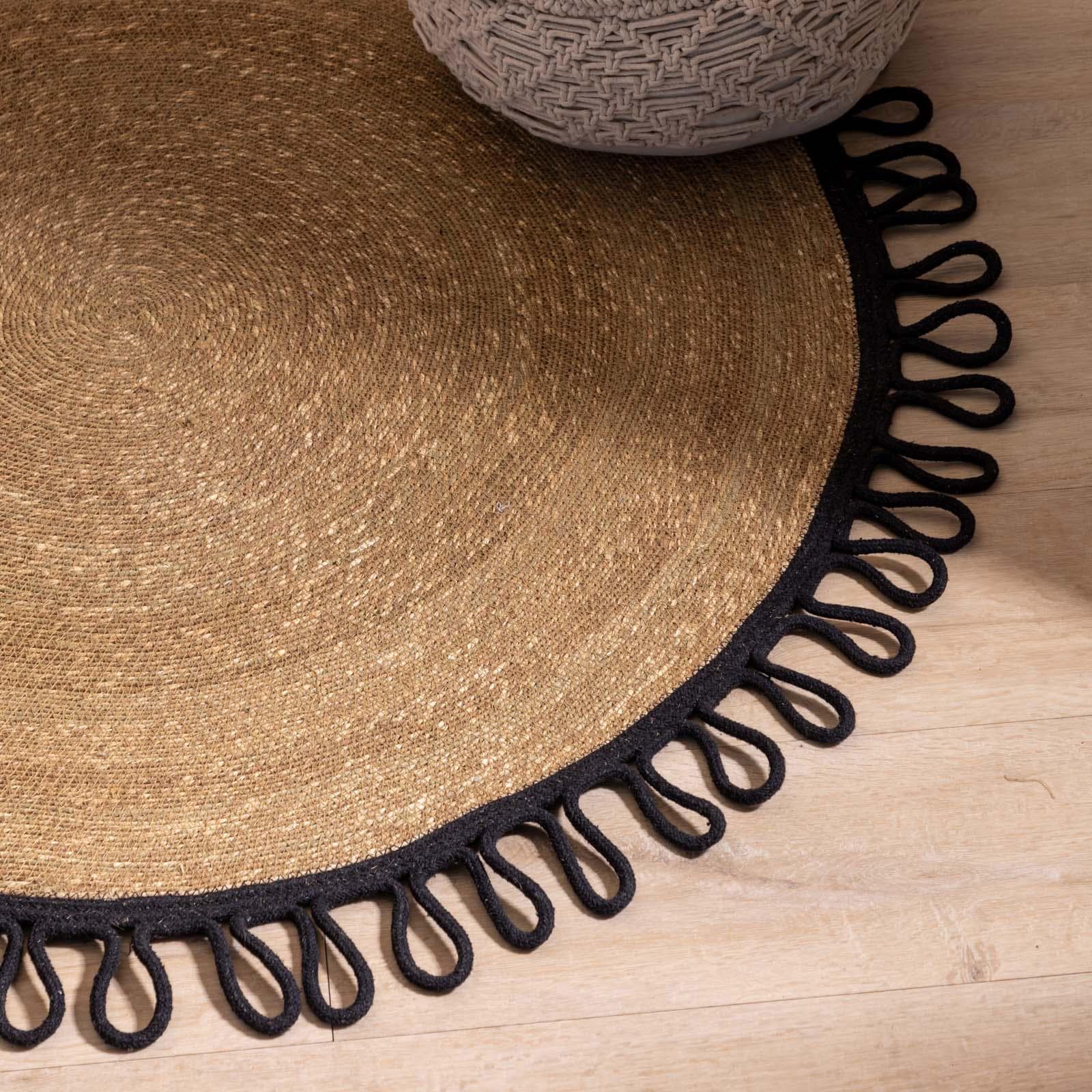 Tappeto rotondo intrecciato 120 cm in erba marina e cotone naturale con bordo nero