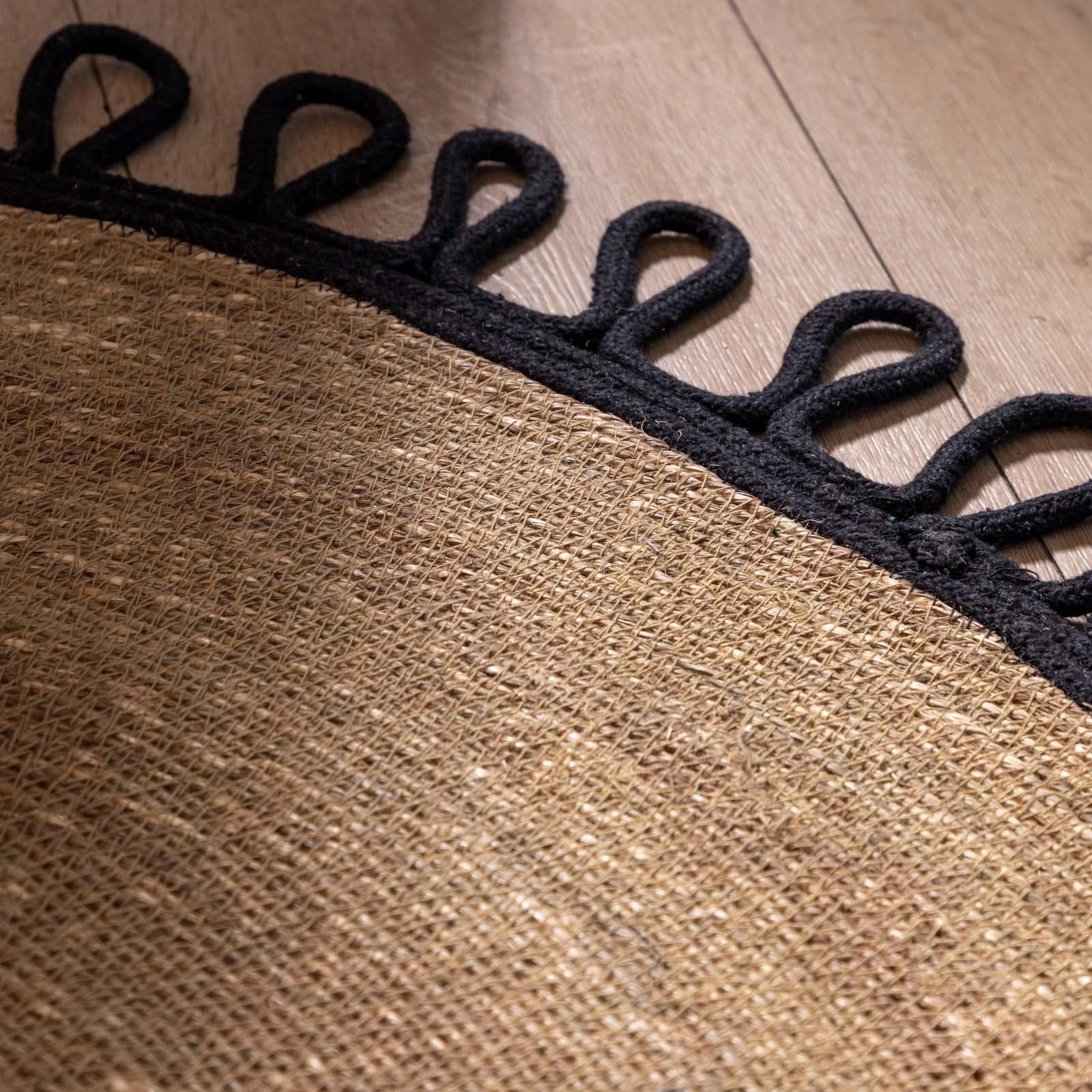 Tappeto rotondo intrecciato 120 cm in erba marina e cotone naturale con bordo nero
