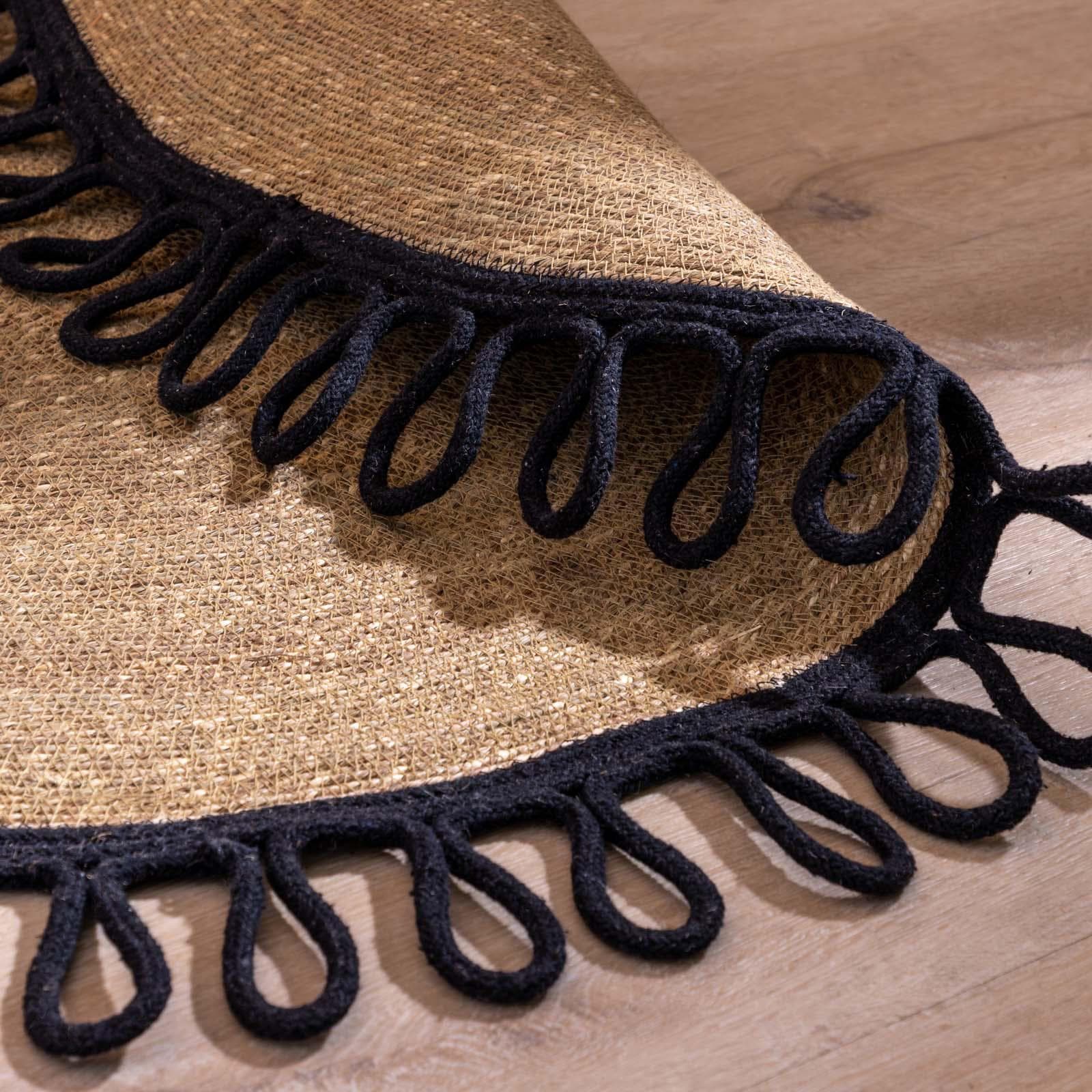 Tappeto rotondo intrecciato 120 cm in erba marina e cotone naturale con bordo nero