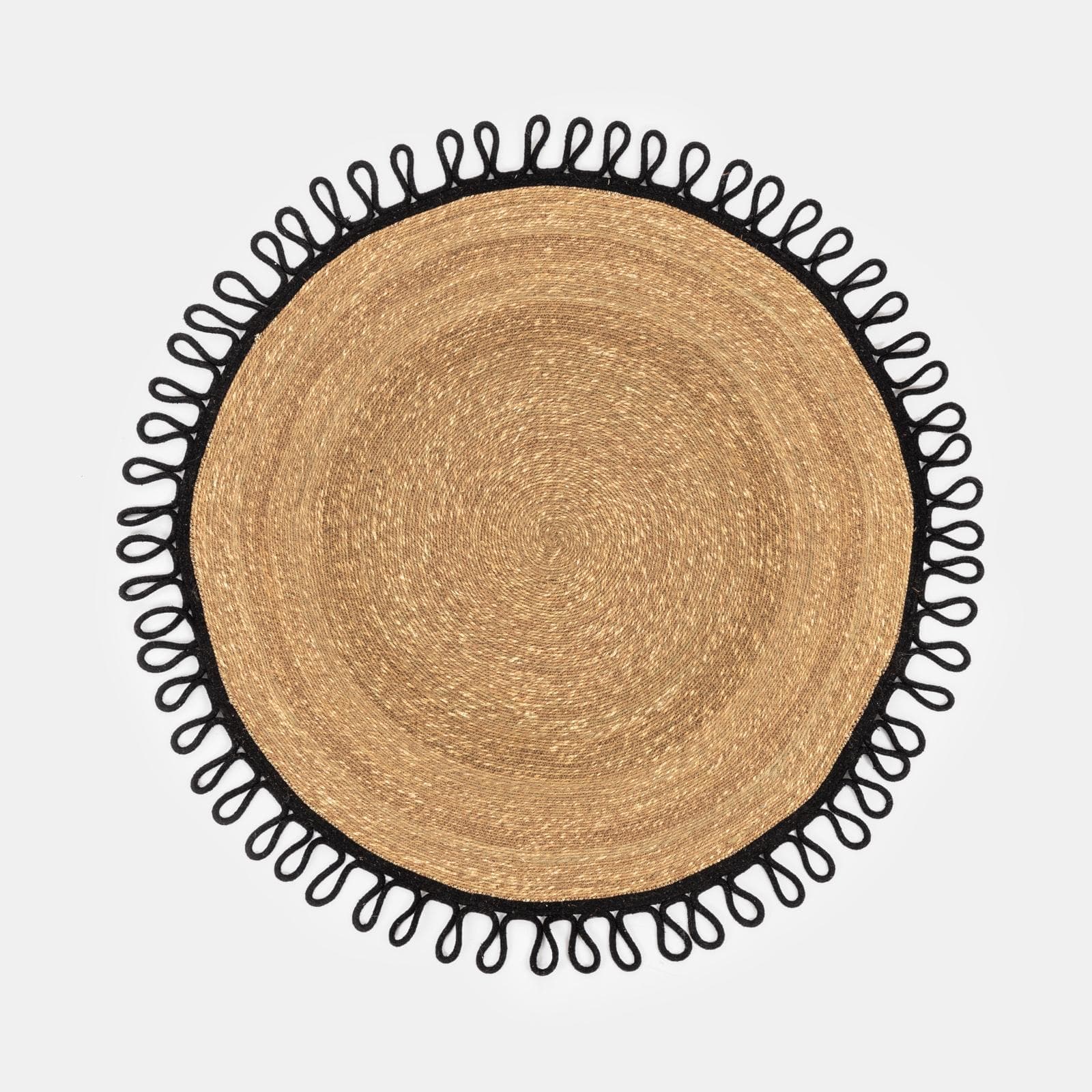 Tappeto rotondo intrecciato 120 cm in erba marina e cotone naturale con bordo nero