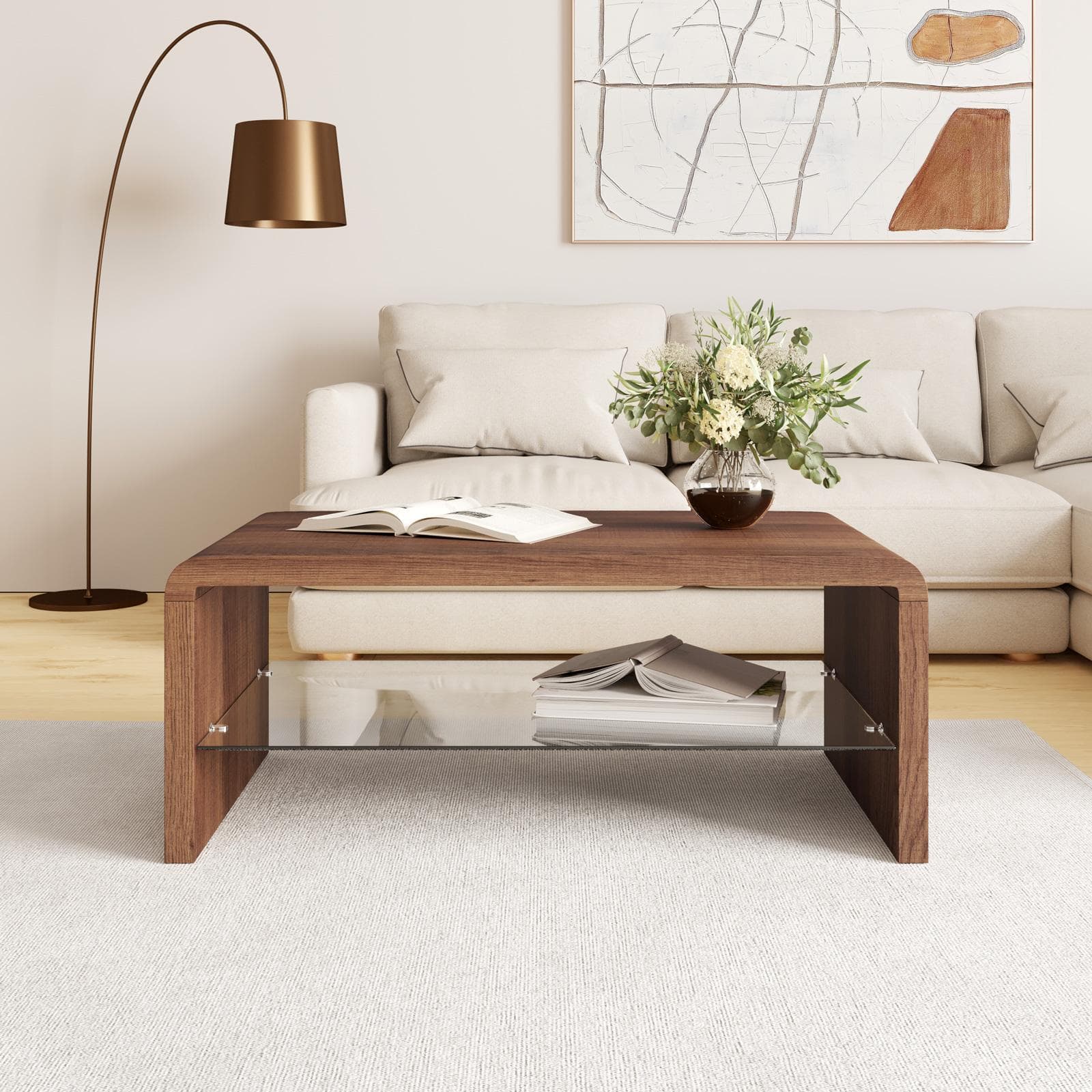 Tavolino 100x40h cm effetto rovere con ripiano in vetro - Bush