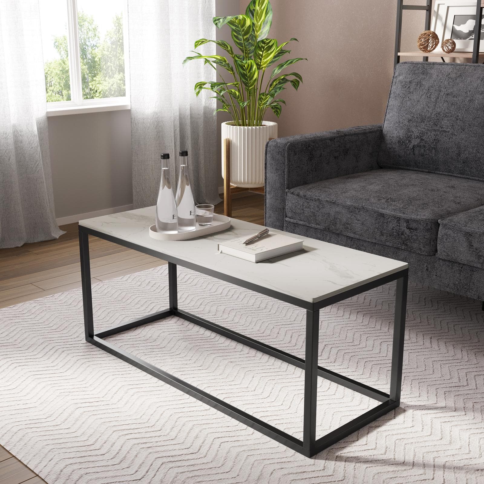 Tavolino 100x44h cm top in ceramica bianco con gambe in acciaio nero - Stefell