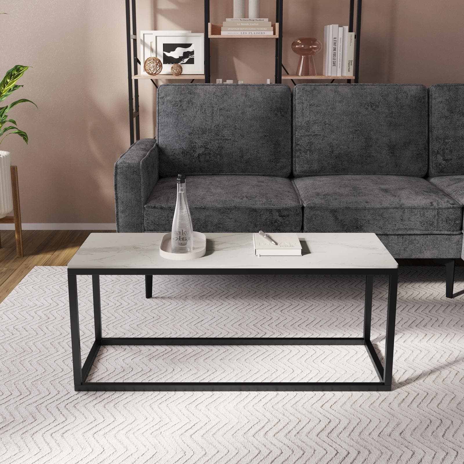 Tavolino 100x44h cm top in ceramica bianco con gambe in acciaio nero - Stefell