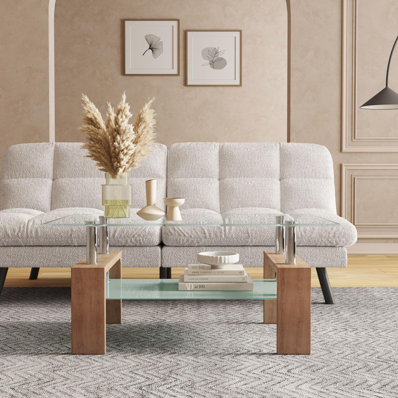 Tavolino 100x45h cm con top e ripiano in vetro e gambe effetto rovere - Terrence