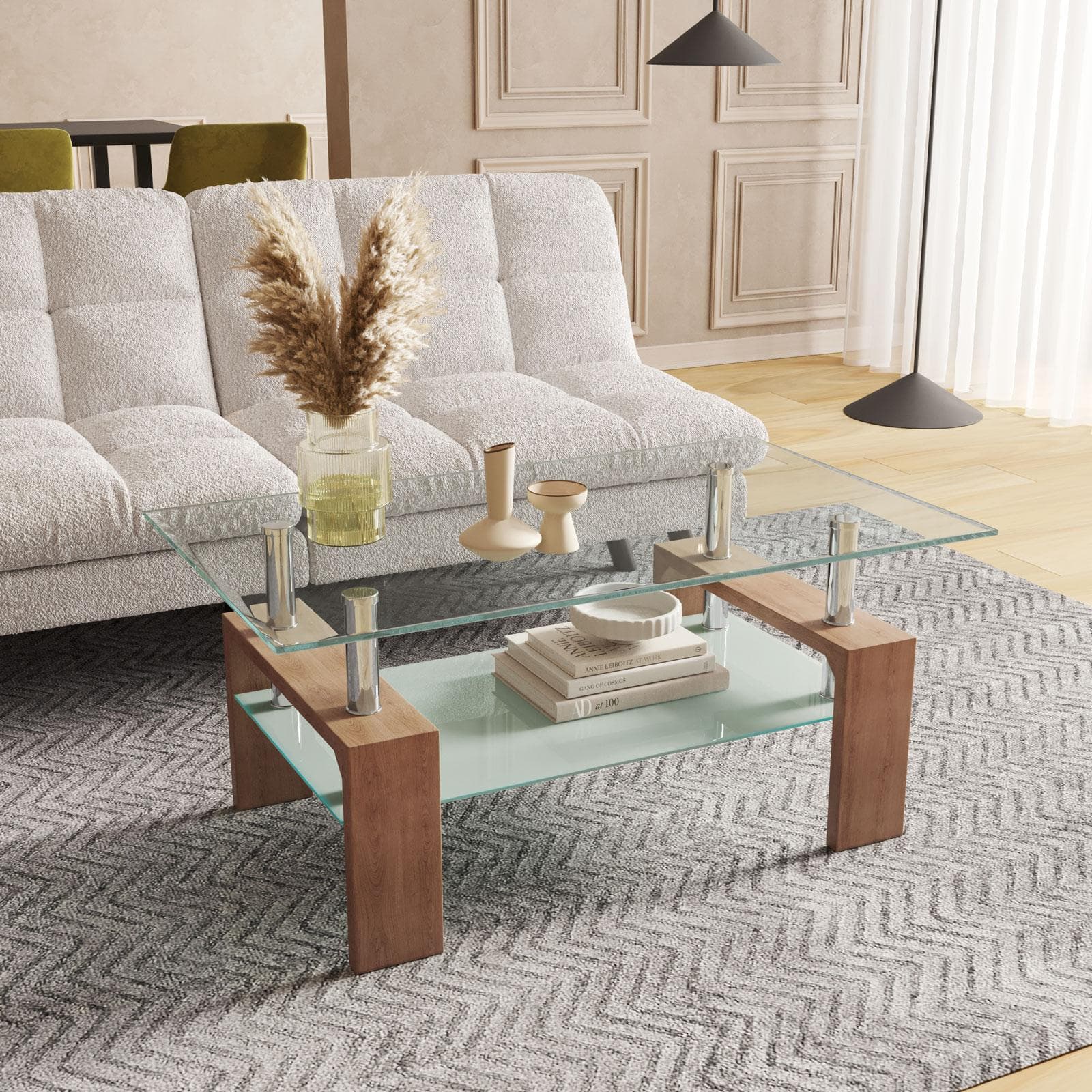 Tavolino 100x45h cm con top e ripiano in vetro e gambe effetto rovere - Terrence