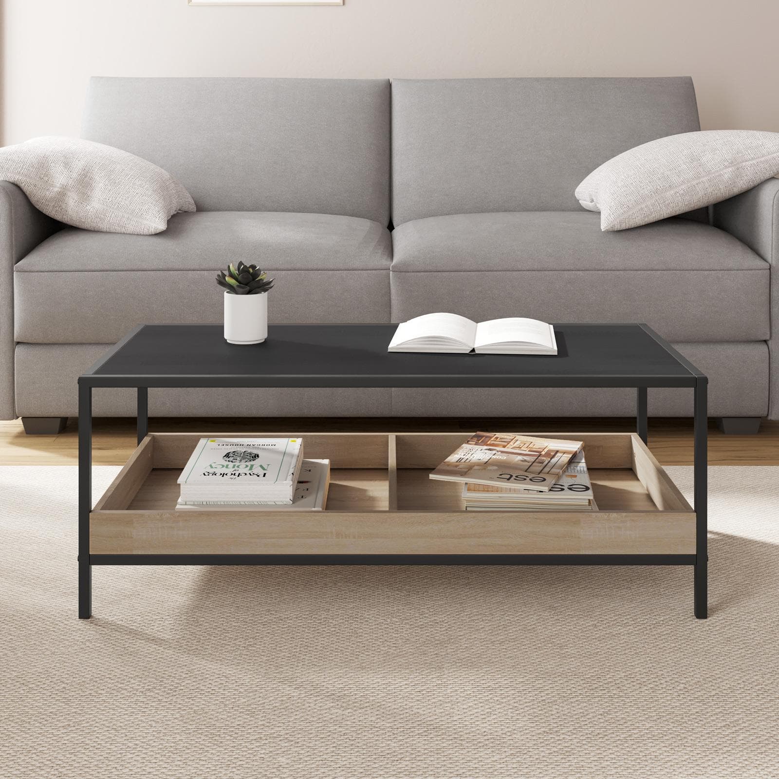 Tavolino 100x48 cm effetto rovere grano e metallo nero - Puton