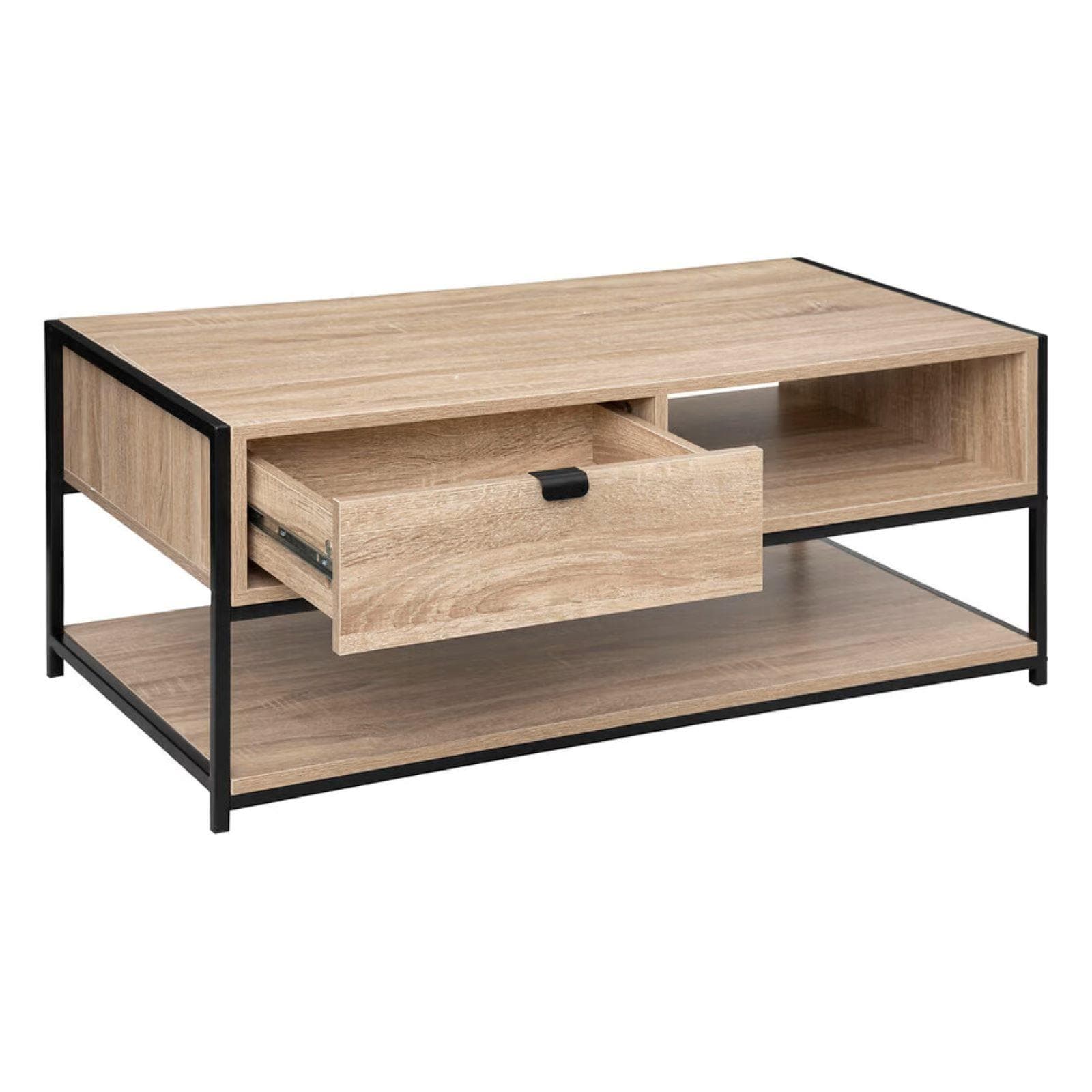 Tavolino contenitore 100x50h cm effetto rovere e acciaio nero con cassetto - Emyl