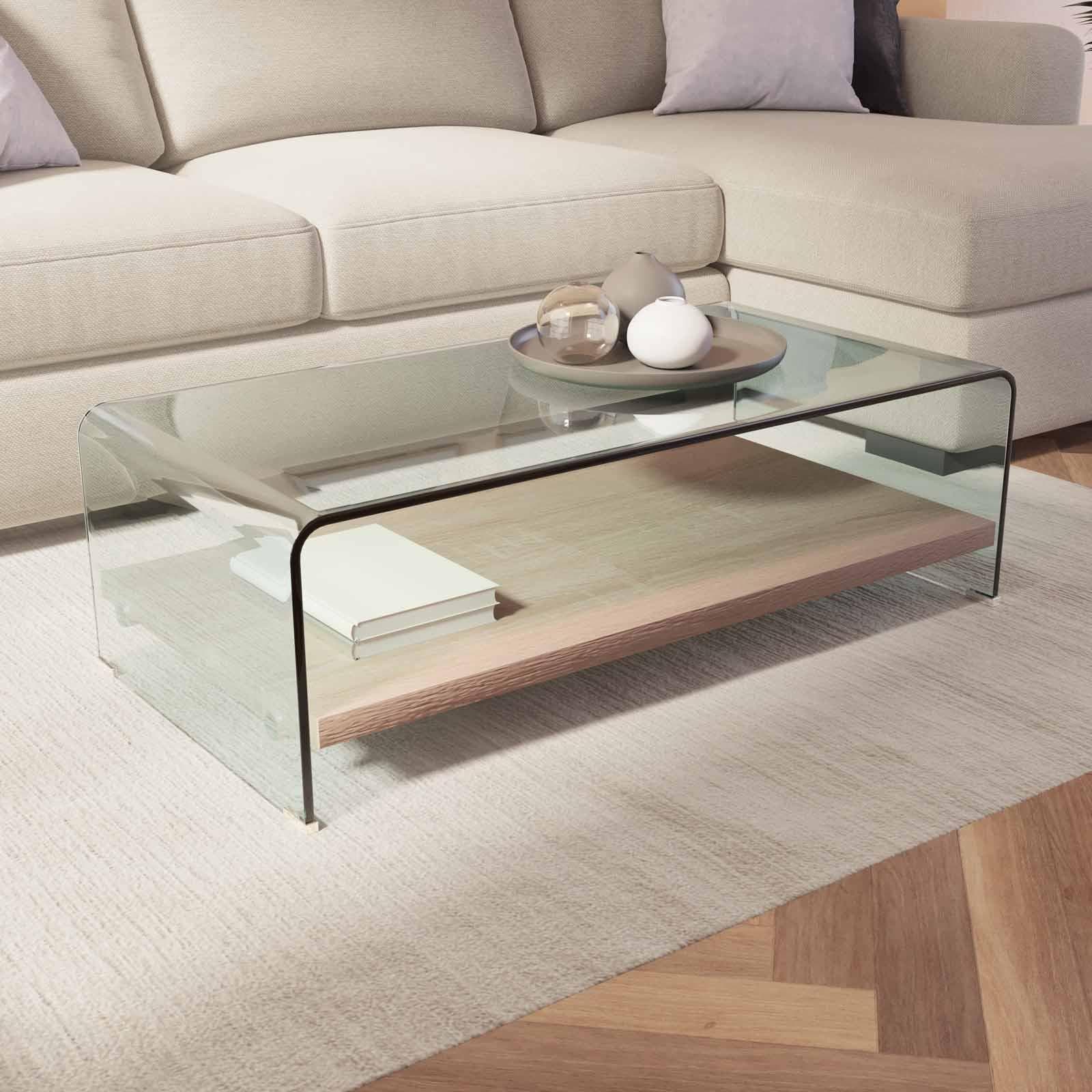 Tavolino 110x55 cm in cvetro temperato sagomato con ripiano effetto rovere - City