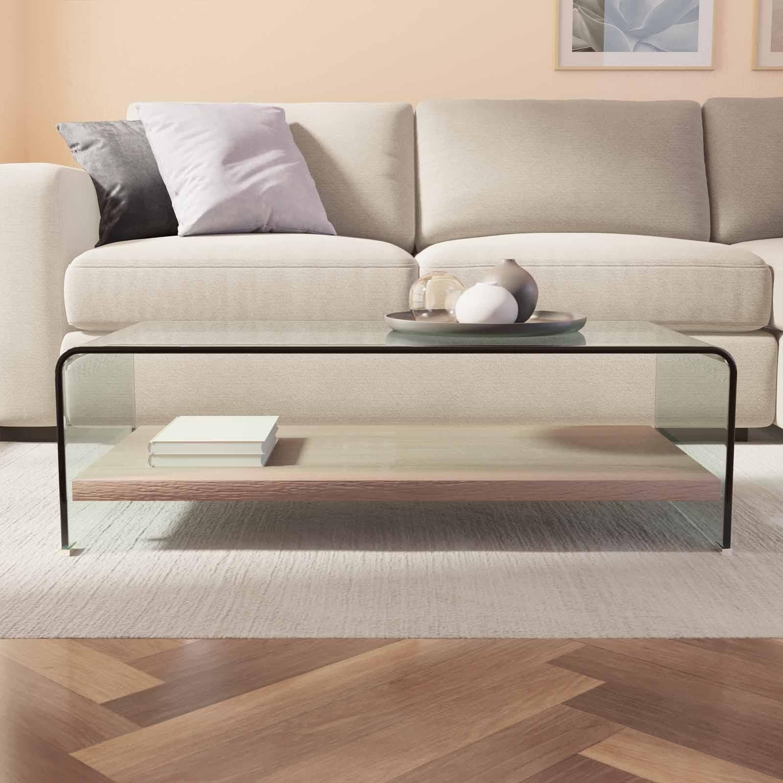Tavolino 110x55 cm in cvetro temperato sagomato con ripiano effetto rovere - City