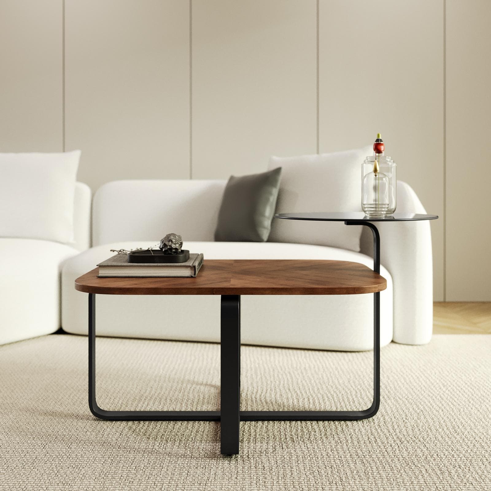Tavolino 100x60 cm top rovere scuro e ripiano in vetro con gambe in metallo nero - Tlicro
