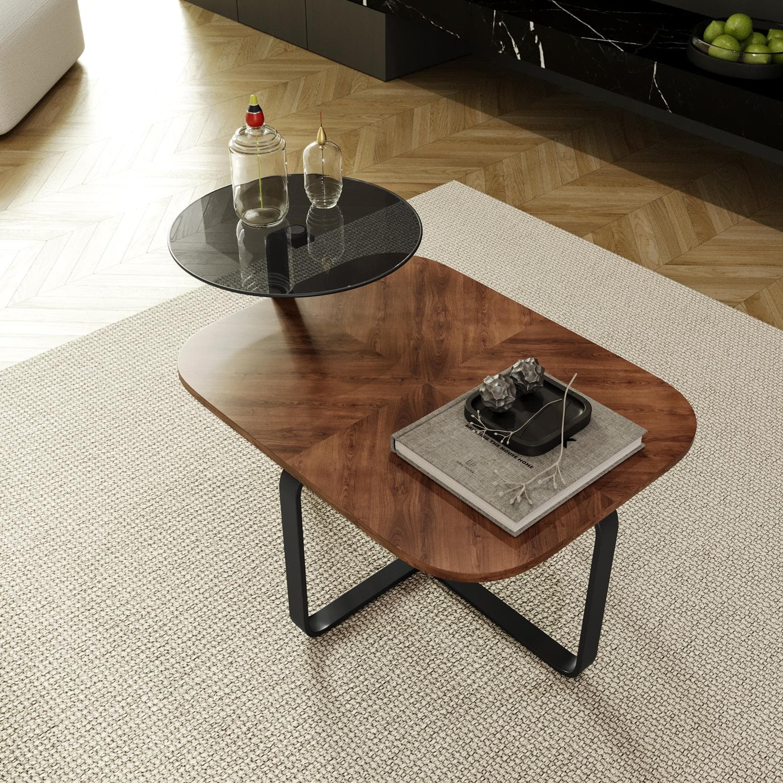 Tavolino 100x60 cm top rovere scuro e ripiano in vetro con gambe in metallo nero - Tlicro
