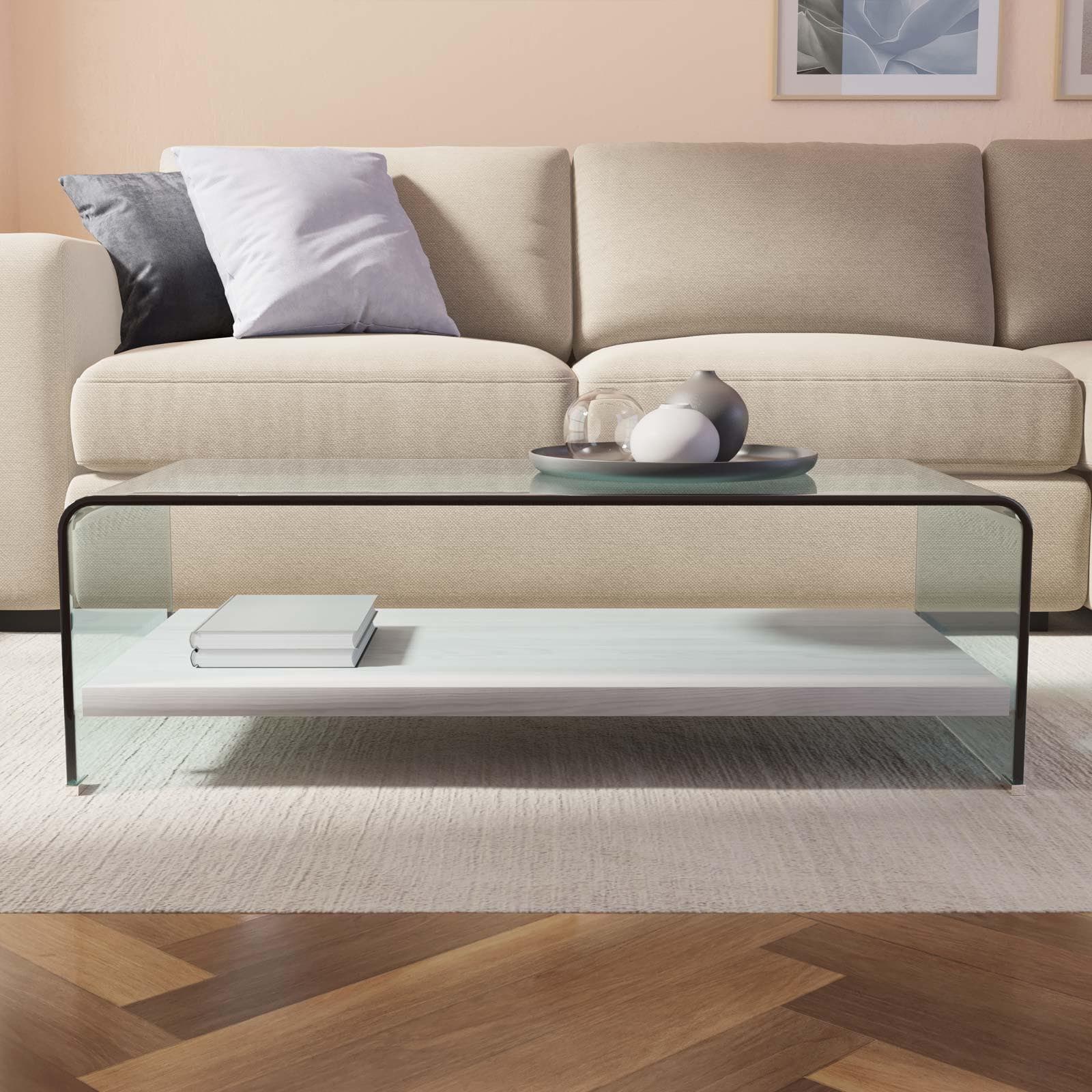 Tavolino 110x55 cm in vetro trasparente con ripiano in legno bianco - City