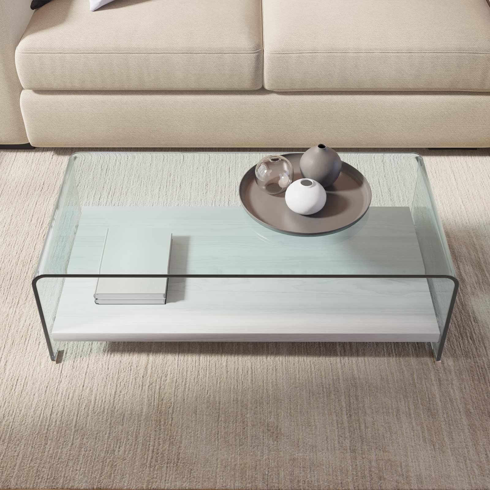 Tavolino 110x55 cm in vetro trasparente con ripiano in legno bianco - City