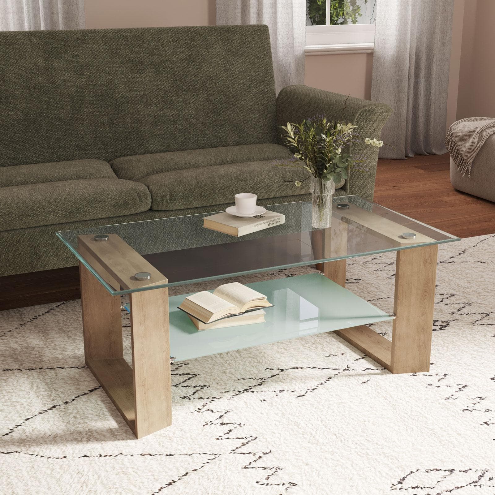 Tavolino 110x45h cm con top e ripiano in vetro e struttura effetto rovere chiaro - Tipton