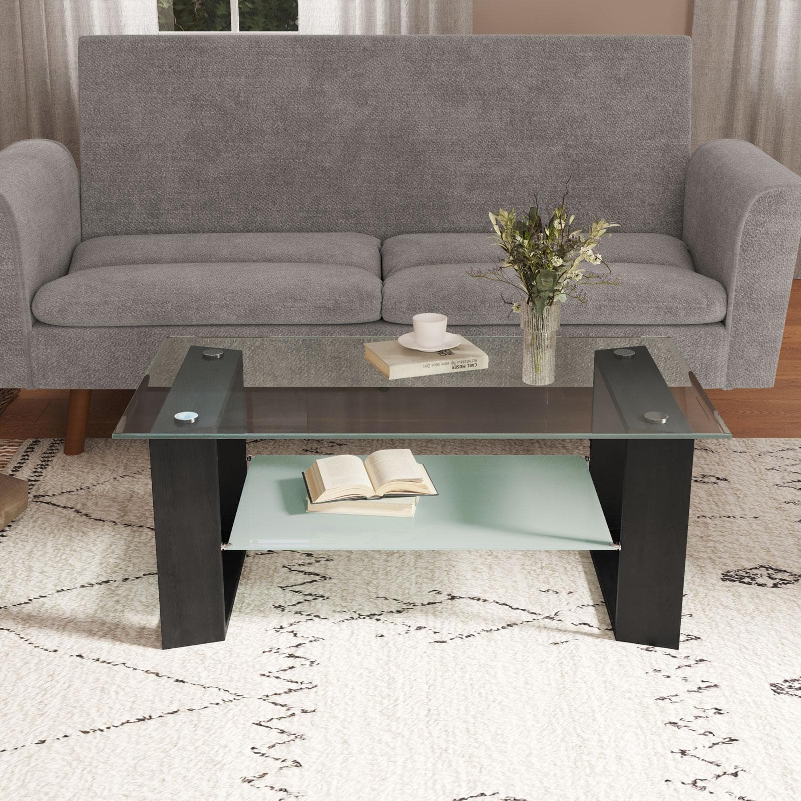 Tavolino 110x45h cm con top e ripiano in vetro e struttura effetto legno nero - Tipton