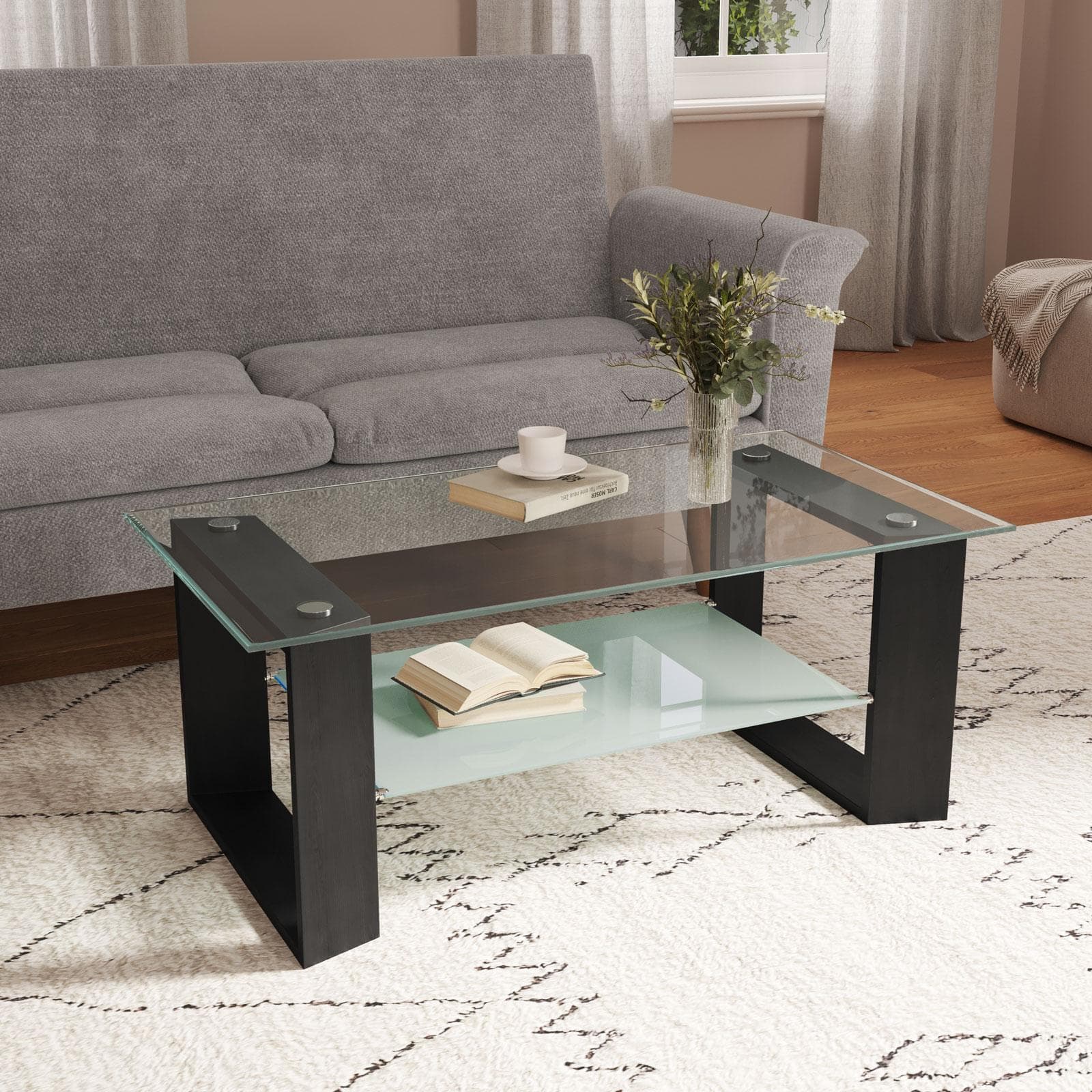 Tavolino 110x45h cm con top e ripiano in vetro e struttura effetto legno nero - Tipton