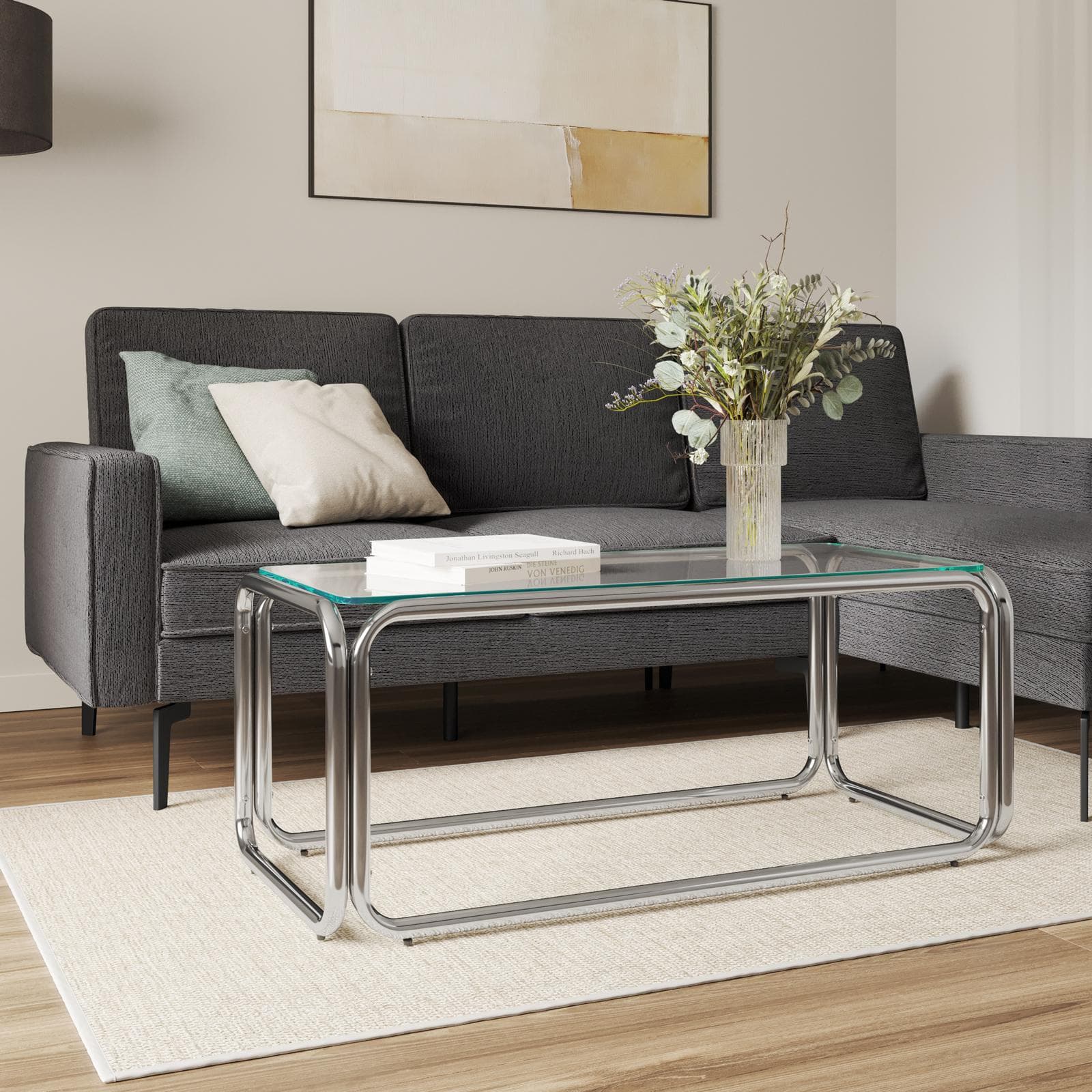 Tavolino 110x50 cm con top in vetro e struttura in metallo cromo - Brim