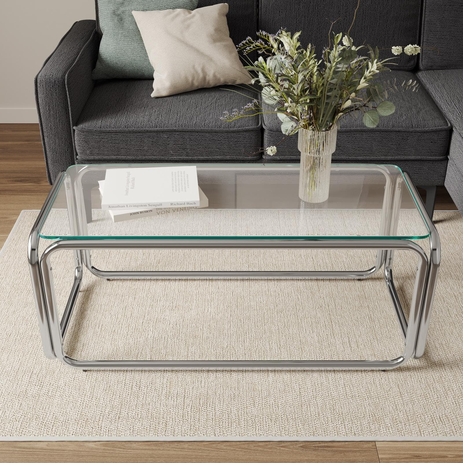 Tavolino 110x50 cm con top in vetro e struttura in metallo cromo - Brim