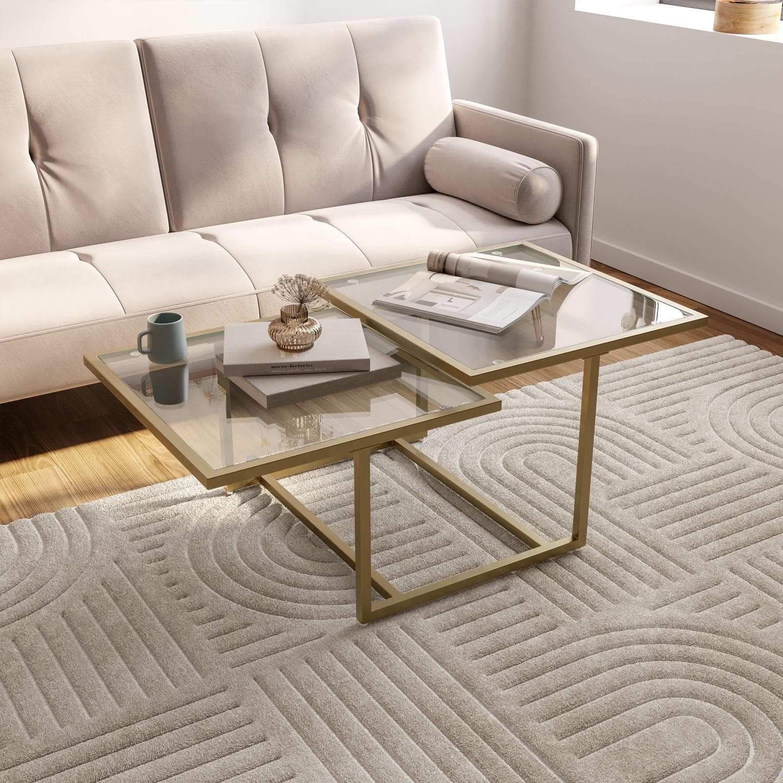 Tavolino 110x59 cm con 2 top in vetro e struttura in metallo finitura oro - Meyer