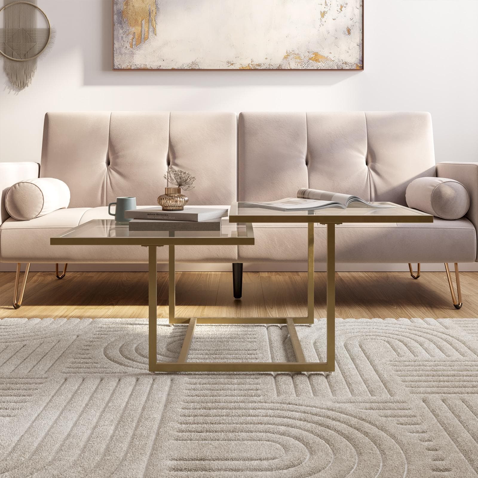 Tavolino 110x59 cm con 2 top in vetro e struttura in metallo finitura oro - Meyer