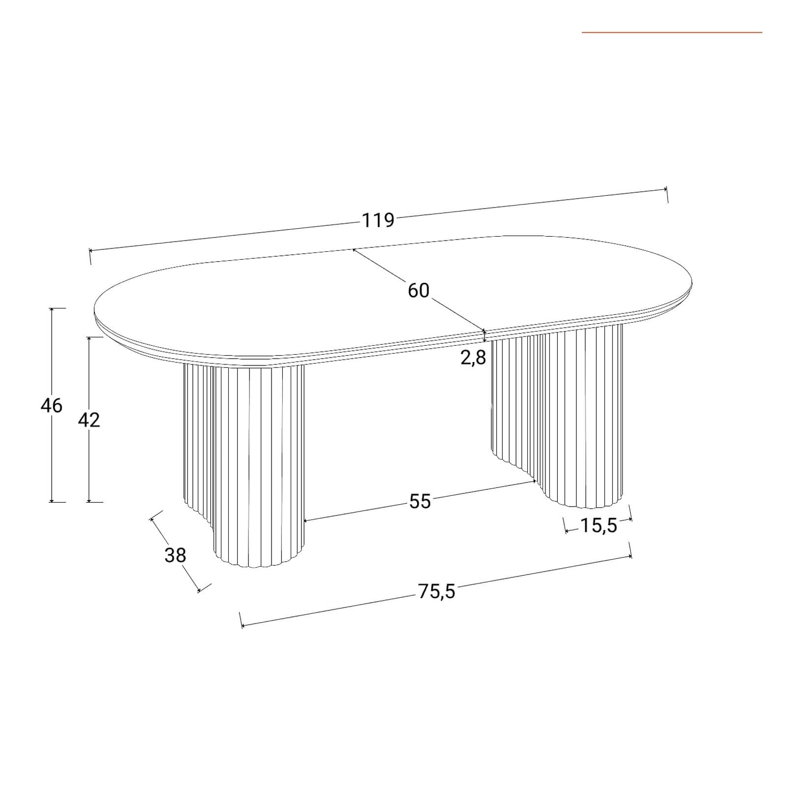 Tavolino 119x60 cm effetto travertino e gambe cannettate - Altum